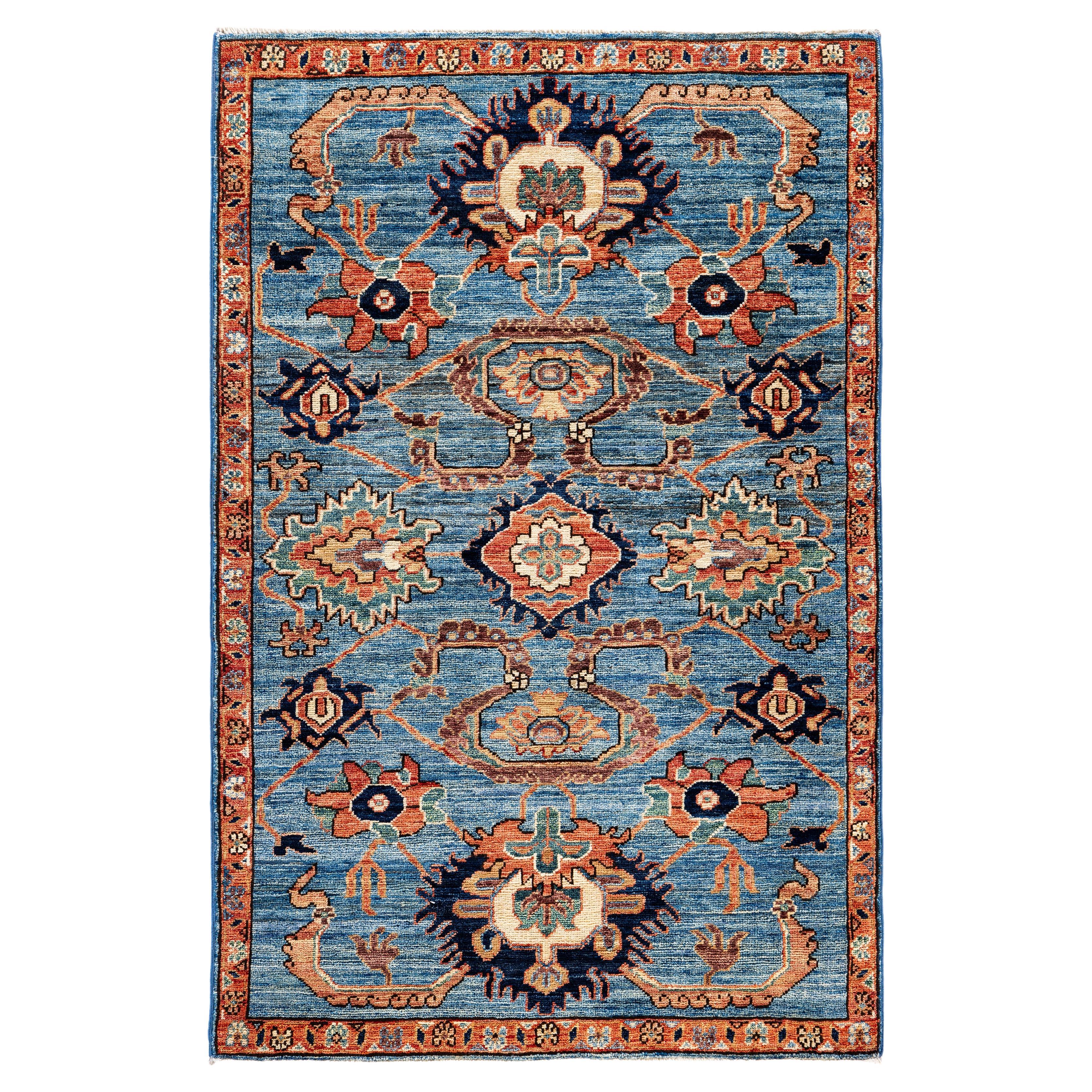 Traditional Tribal Serapi Wool Hand Knotted Light Blue Area Rug 3' 3" x 5' 0" For Sale