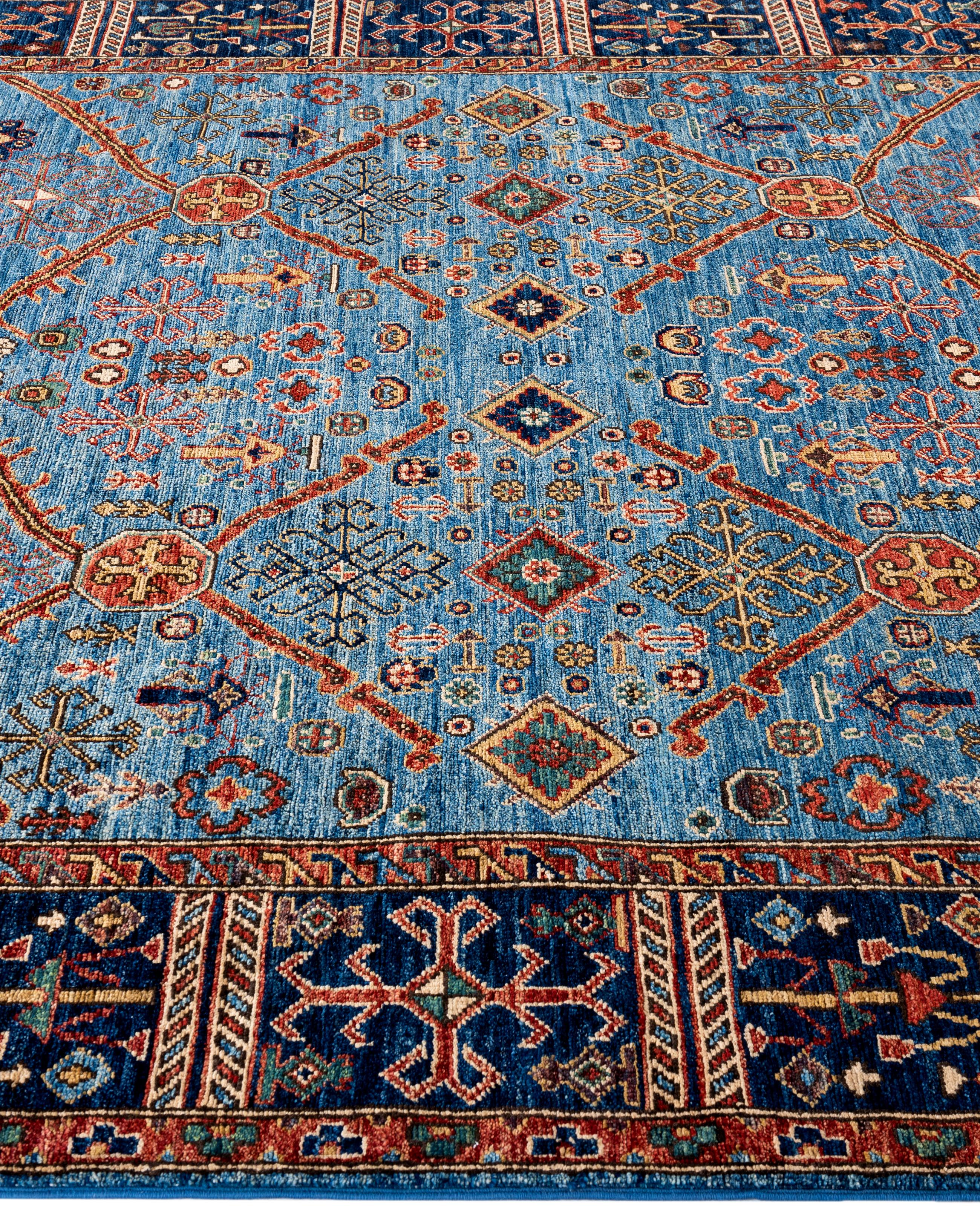 Noué à la main Tapis traditionnel tribal Serapi bleu clair noué à la main 5' 11