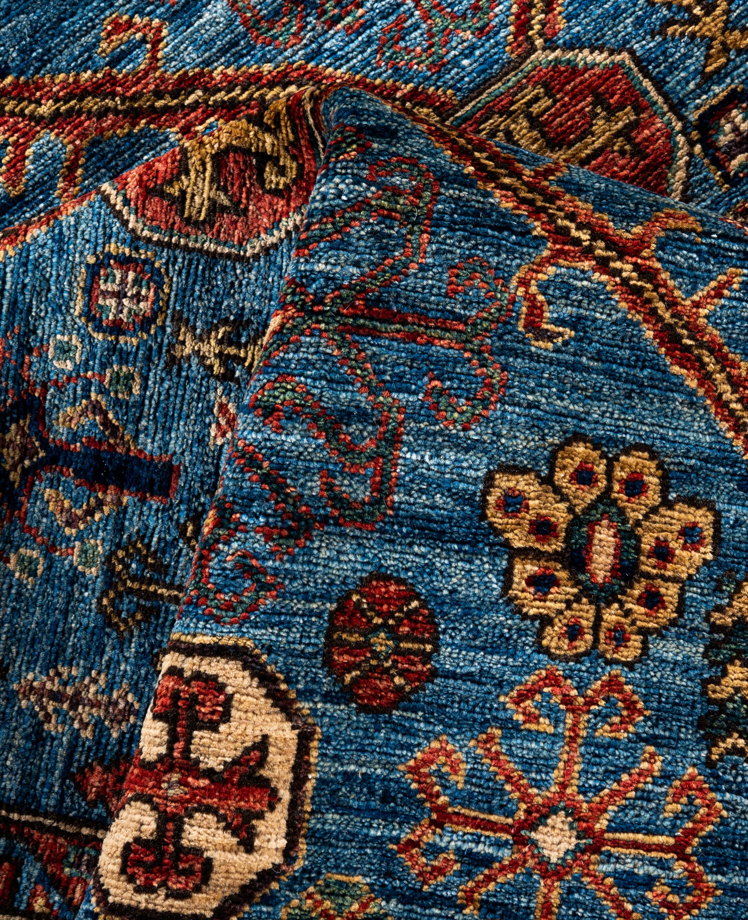 Laine Tapis traditionnel tribal Serapi bleu clair noué à la main 5' 11