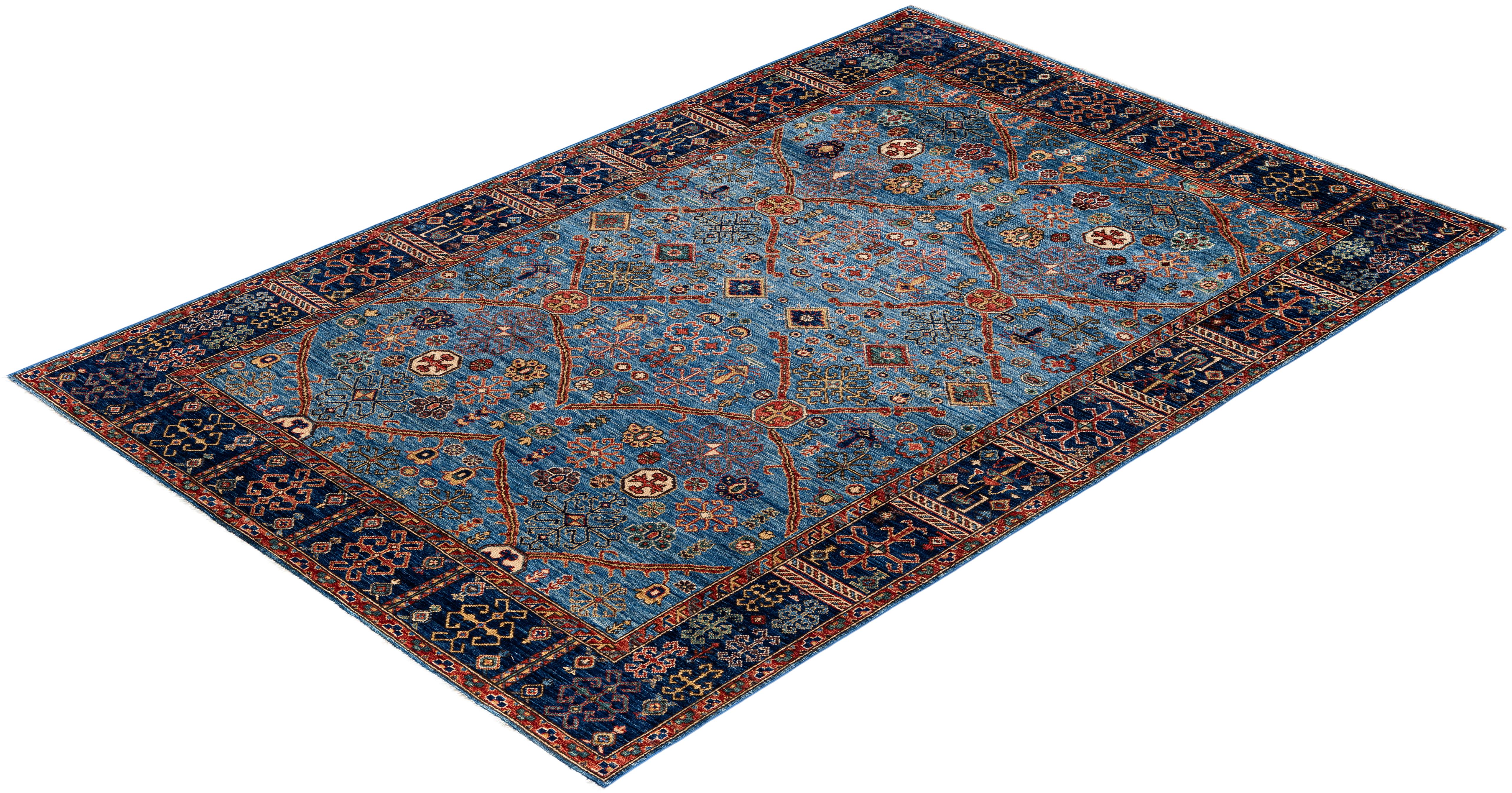 Tapis traditionnel tribal Serapi bleu clair noué à la main 5' 11