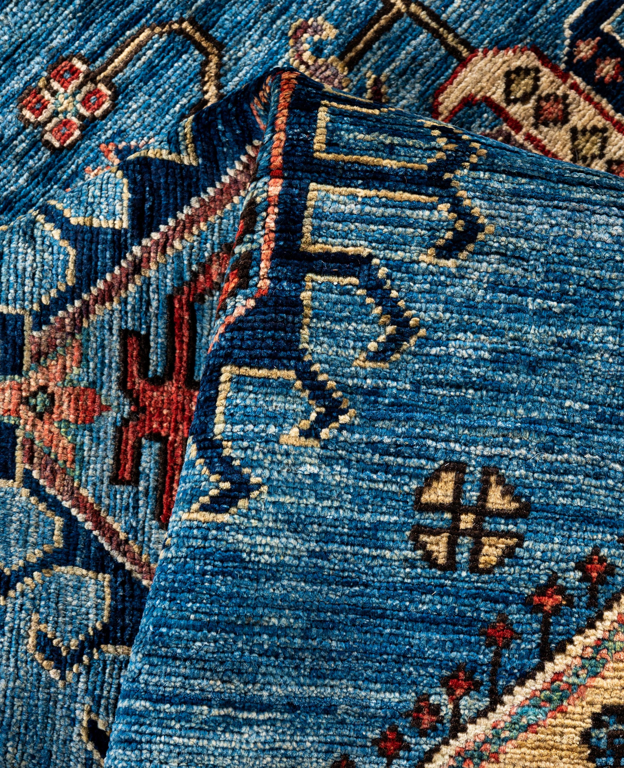 Laine Tapis traditionnel tribal Serapi bleu clair noué à la main 6' 0