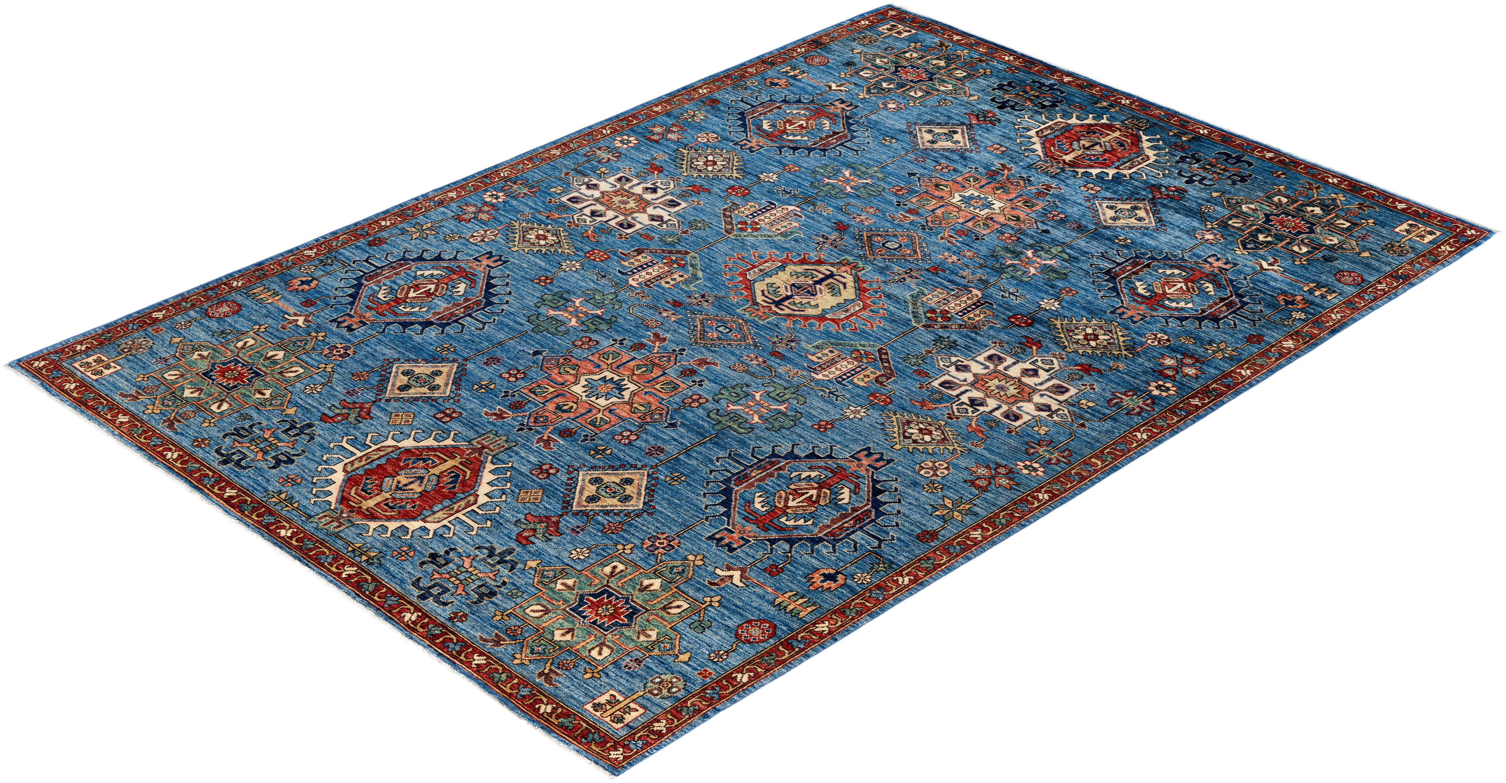 Tapis traditionnel tribal Serapi bleu clair noué à la main 6' 0