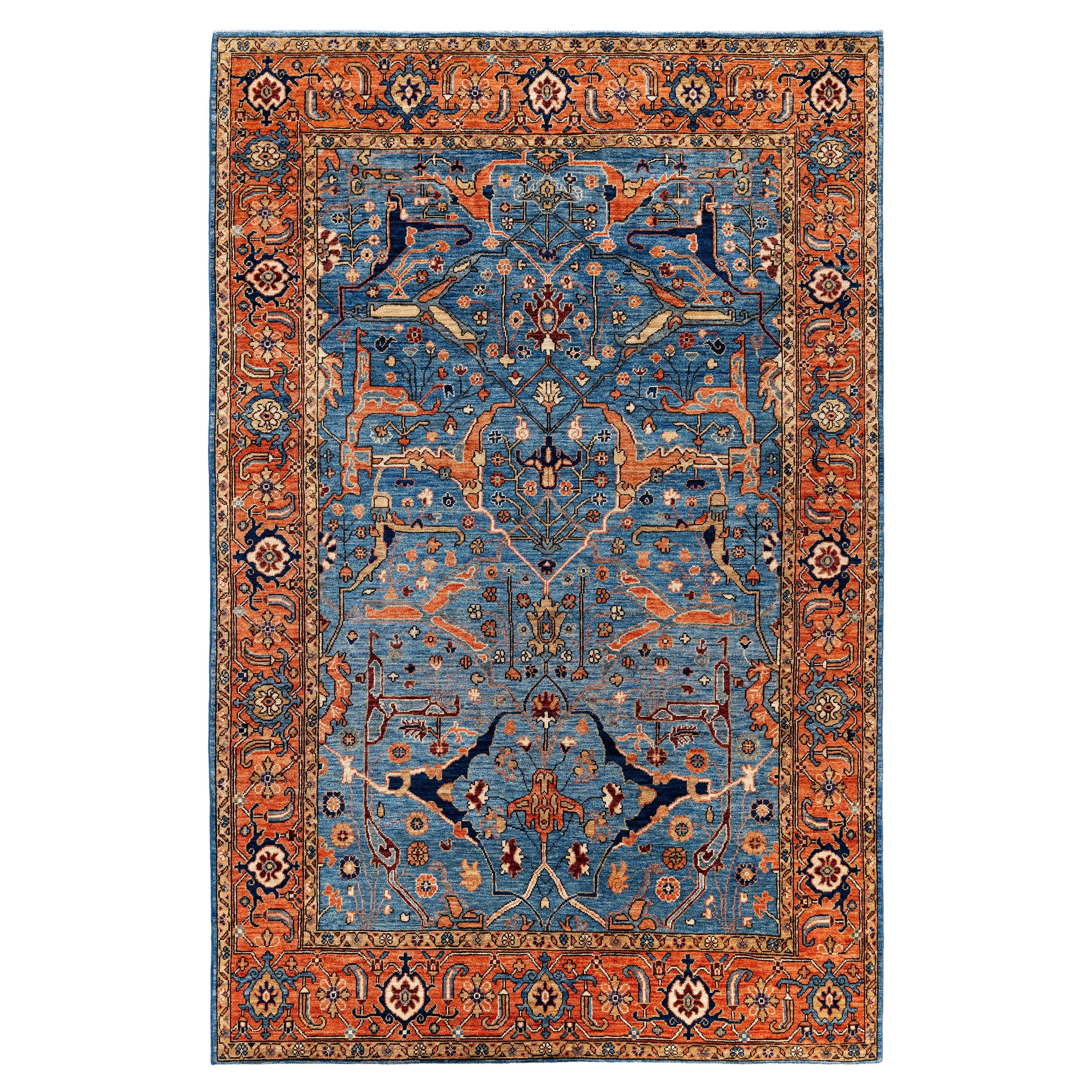 Tapis traditionnel tribal Serapi bleu clair noué à la main 6' 0" x 9' 3"