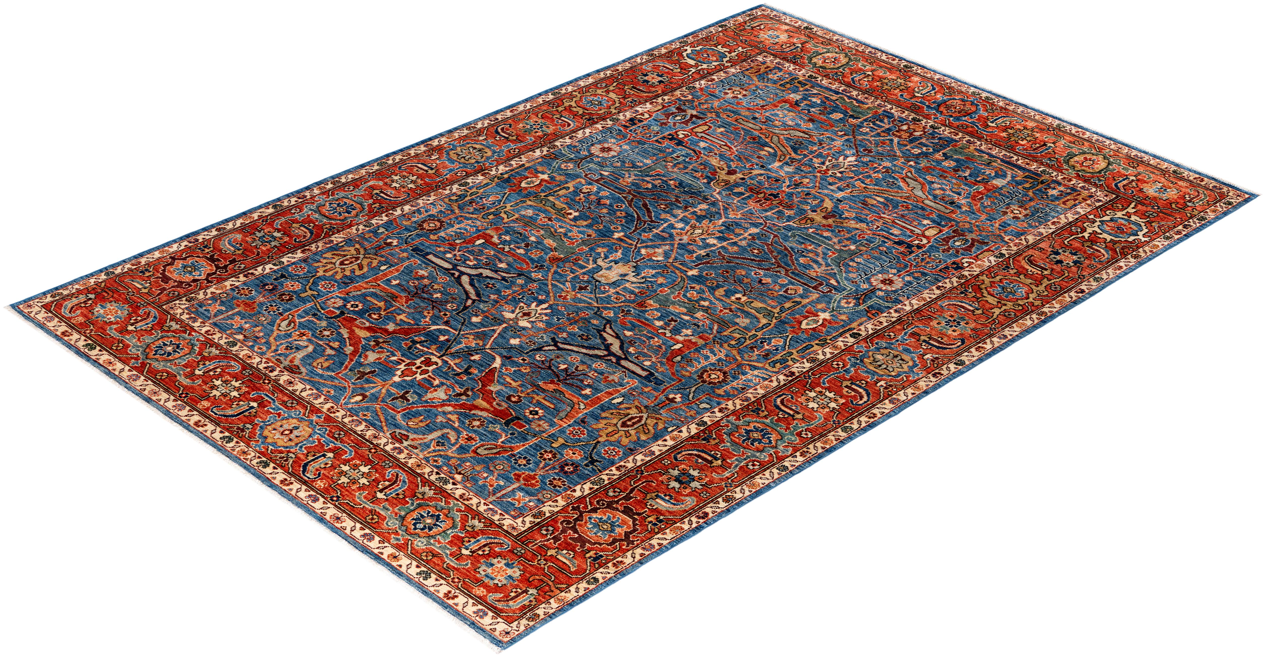 Tapis traditionnel tribal Serapi bleu clair noué à la main 6' 1