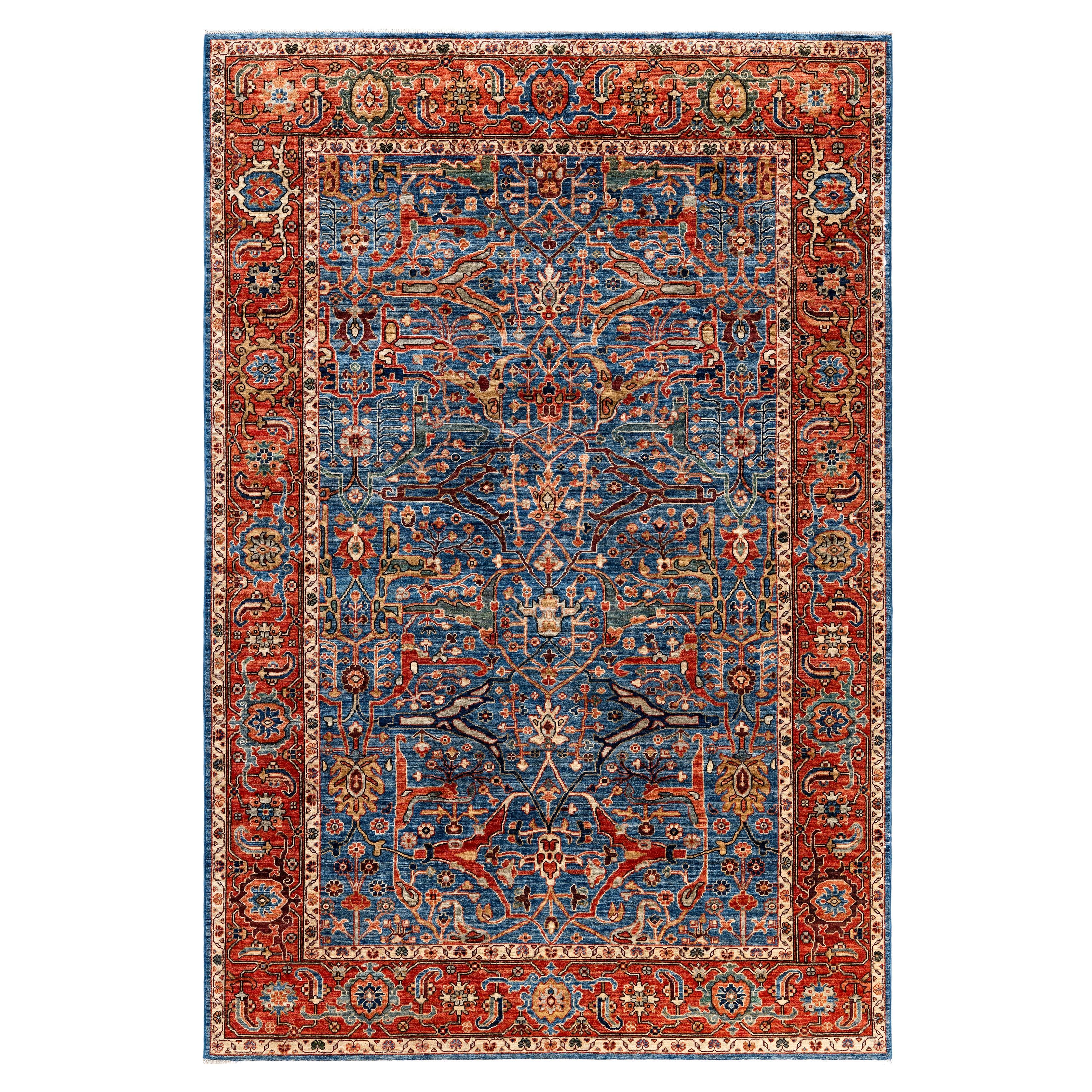 Tapis traditionnel tribal Serapi bleu clair noué à la main 6' 1" x 9' 0"