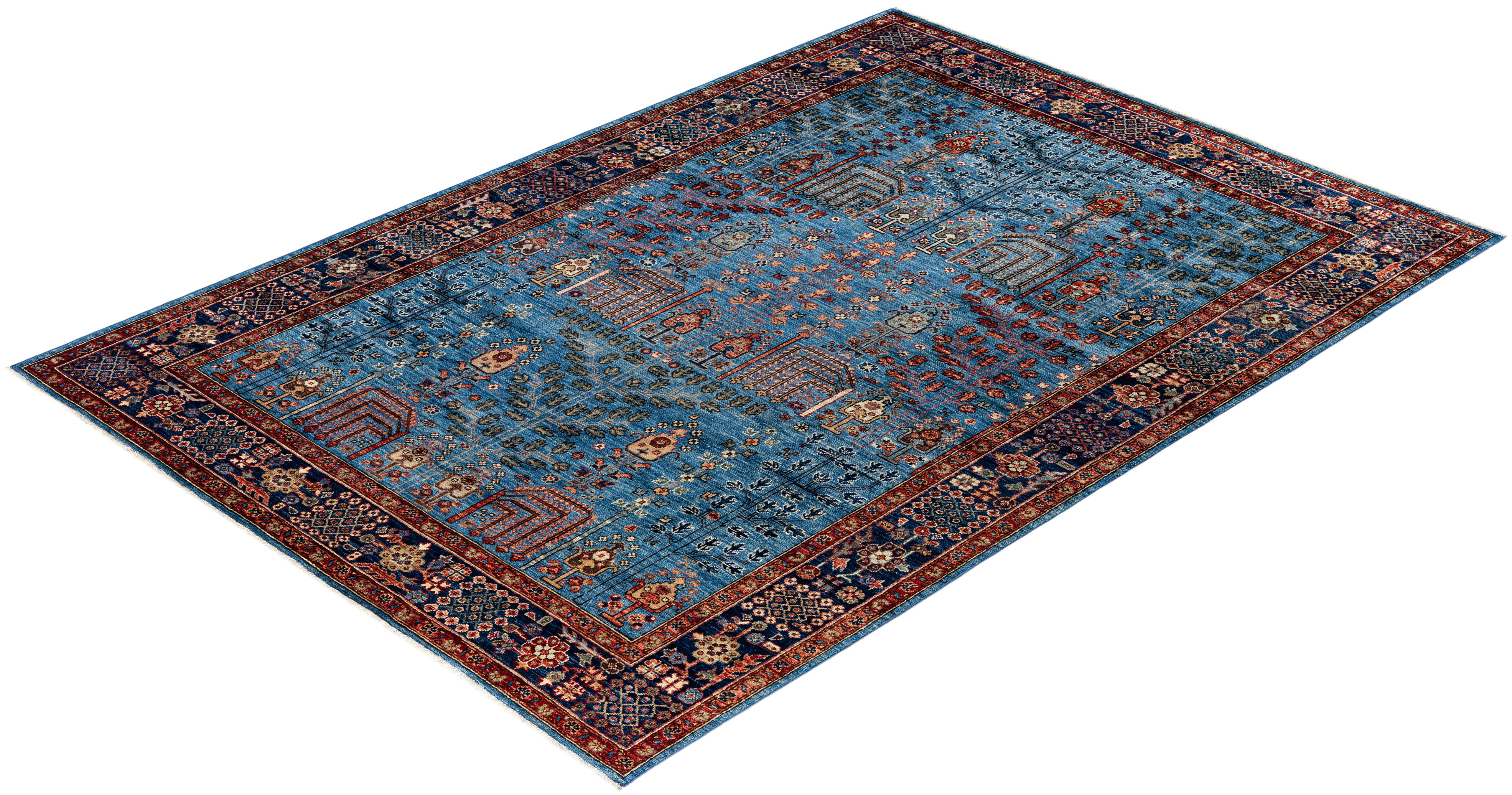 Tapis traditionnel tribal Serapi bleu clair noué à la main 6' 2