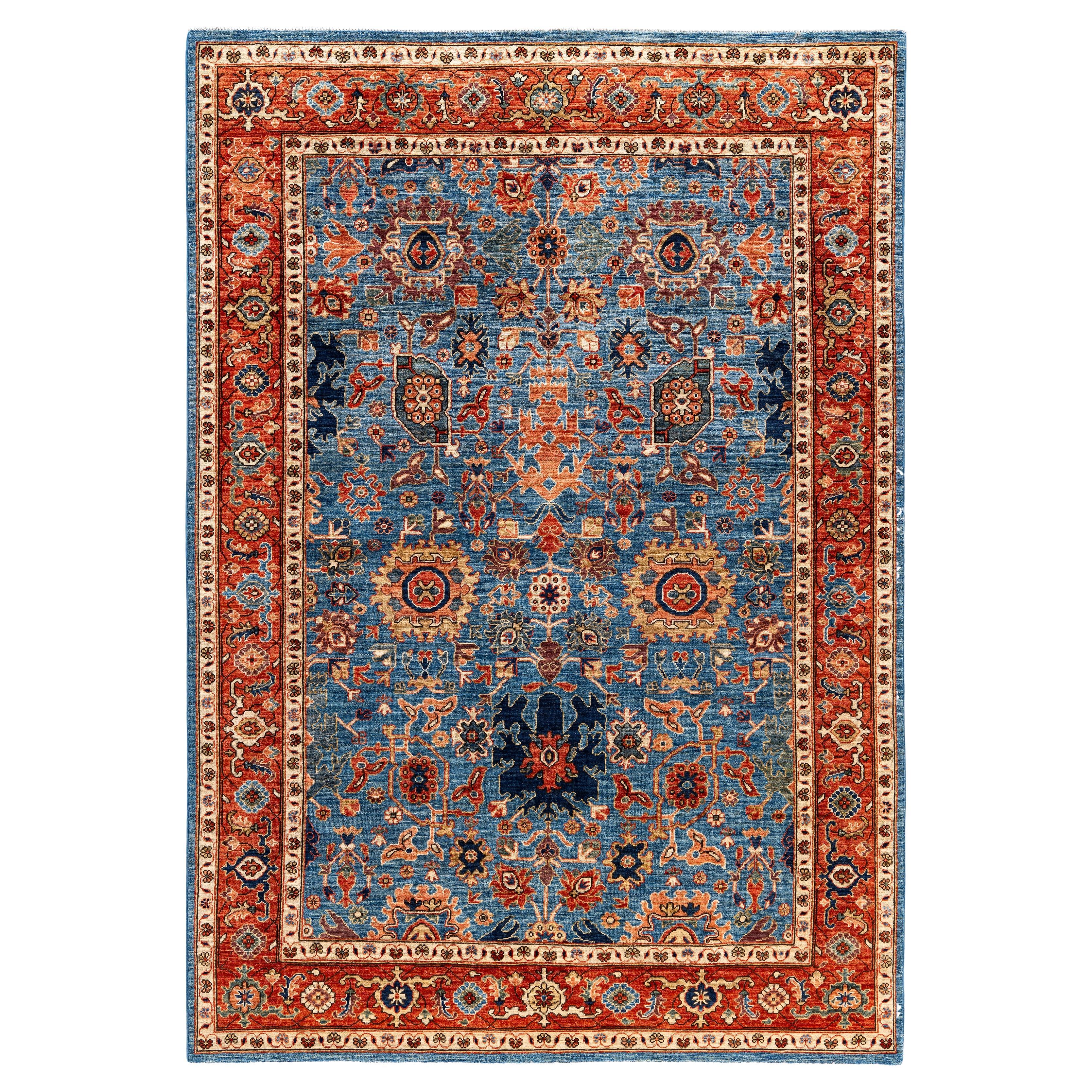 Traditioneller handgeknüpfter hellblauer Teppich aus Serapi-Wolle aus Stammeskunst, 6' 3" x 8' 11"