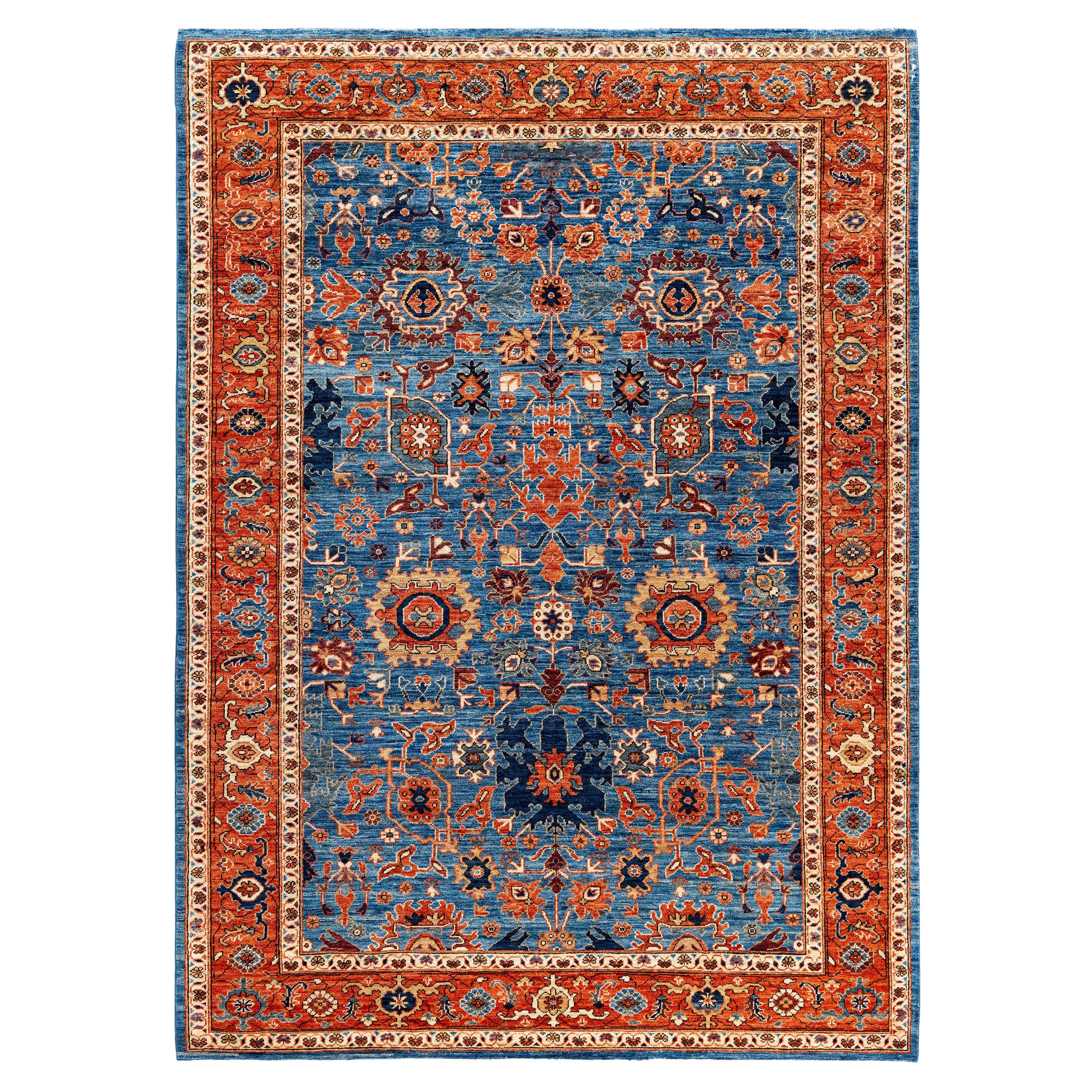 Traditioneller handgeknüpfter hellblauer Teppich aus Serapi-Wolle aus Stammeskunst, 6' 4" x 8' 9"