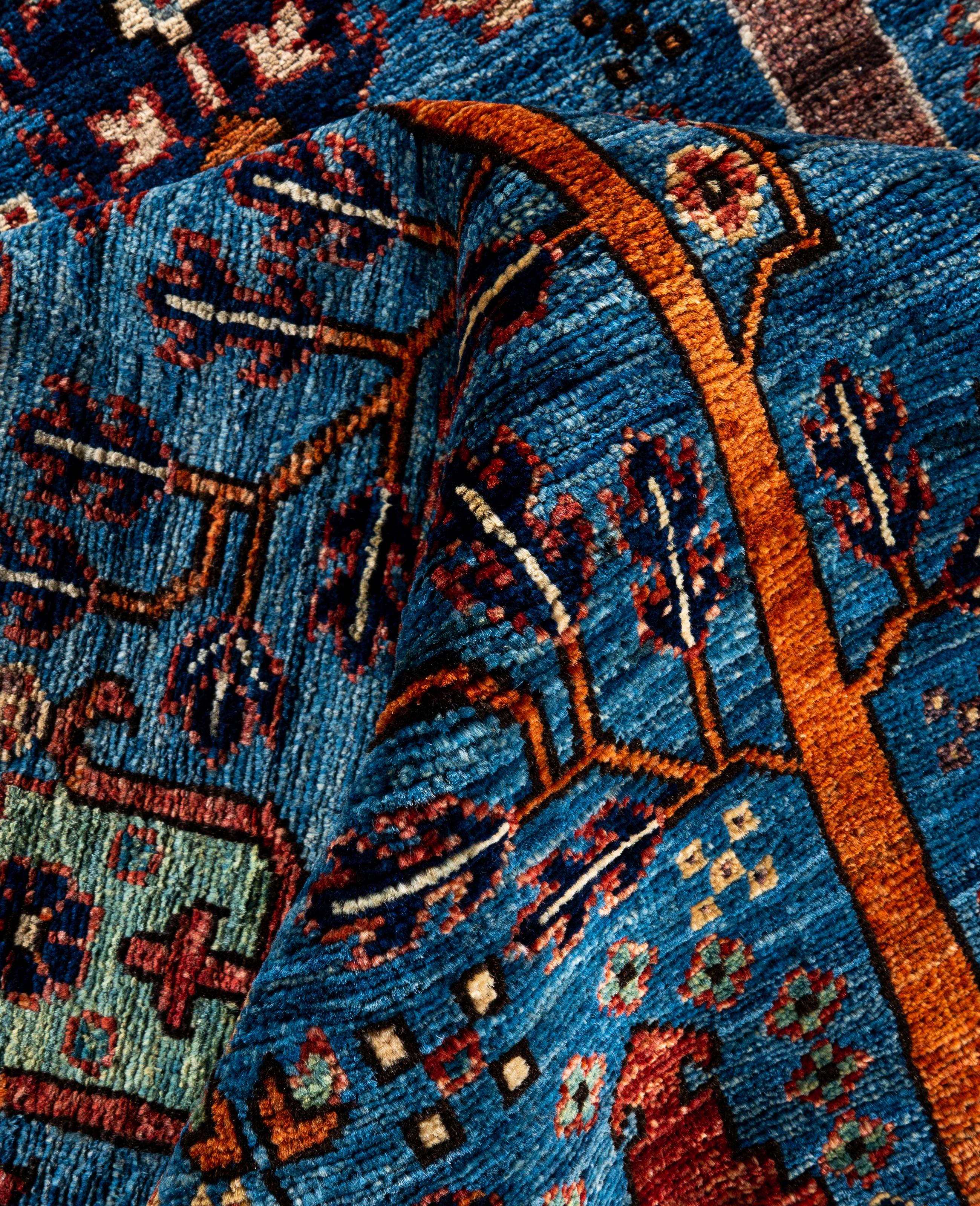 Laine Tapis traditionnel tribal Serapi bleu clair noué à la main 7' 11