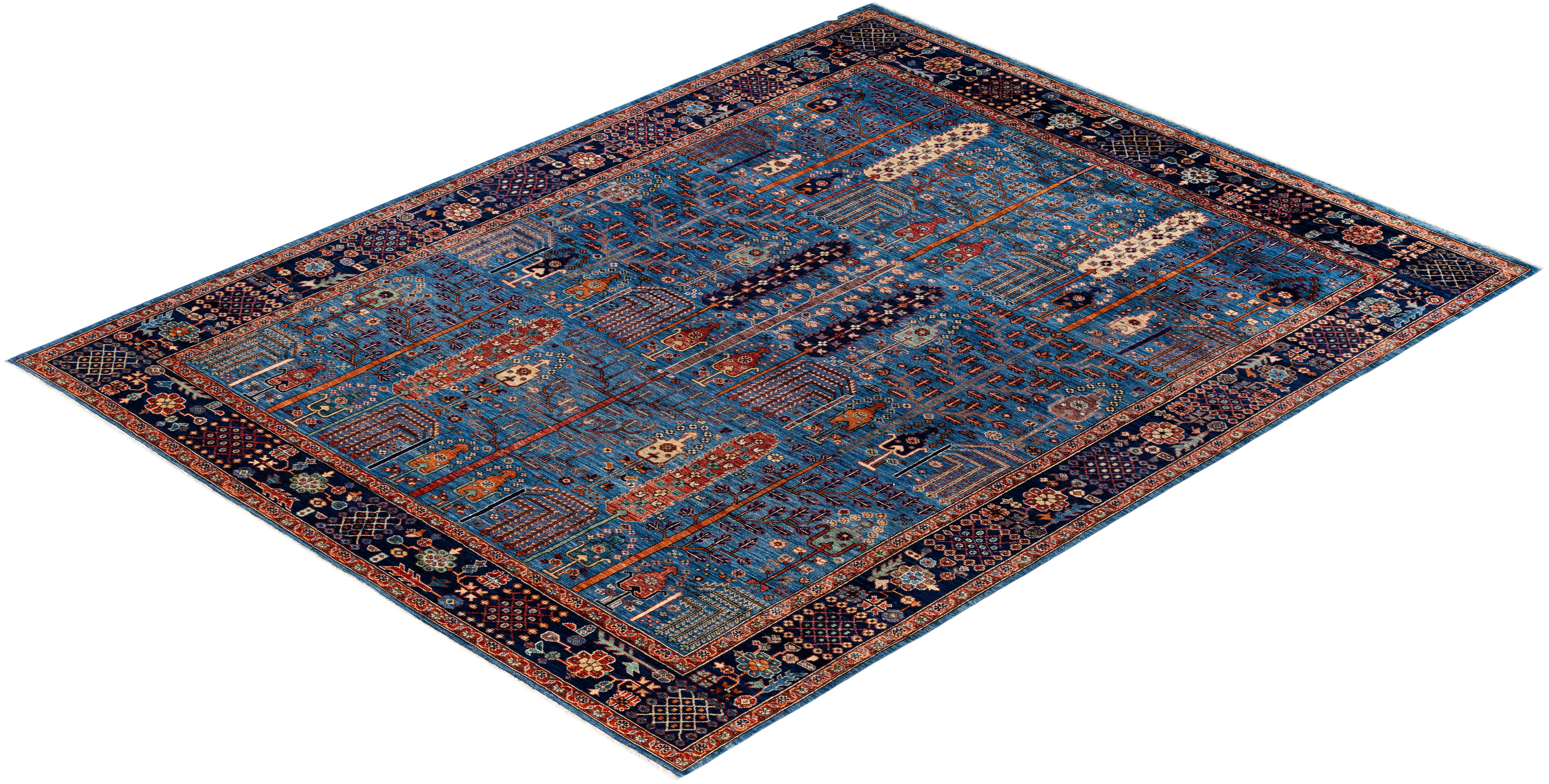 Tapis traditionnel tribal Serapi bleu clair noué à la main 7' 11