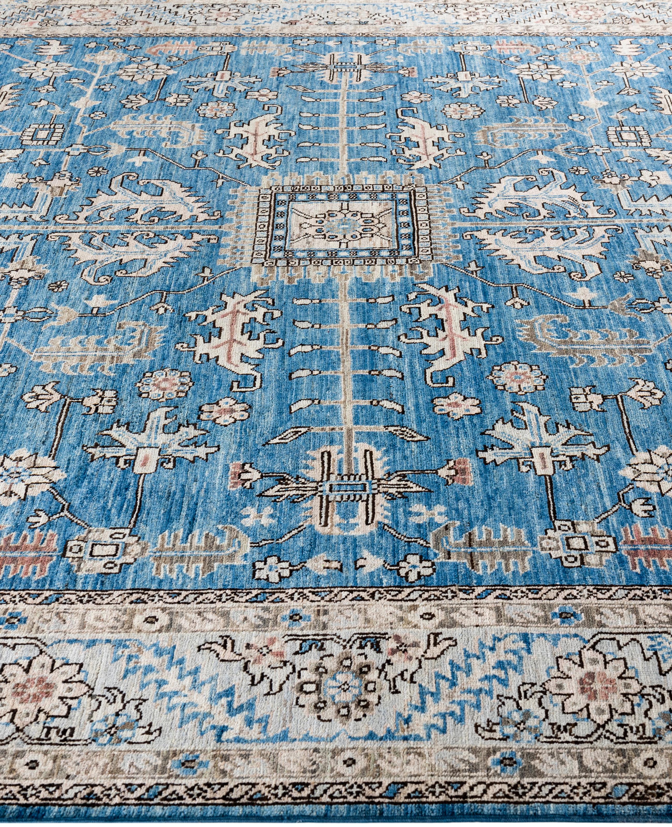 Noué à la main Tapis traditionnel tribal Serapi bleu clair noué à la main 7' 11