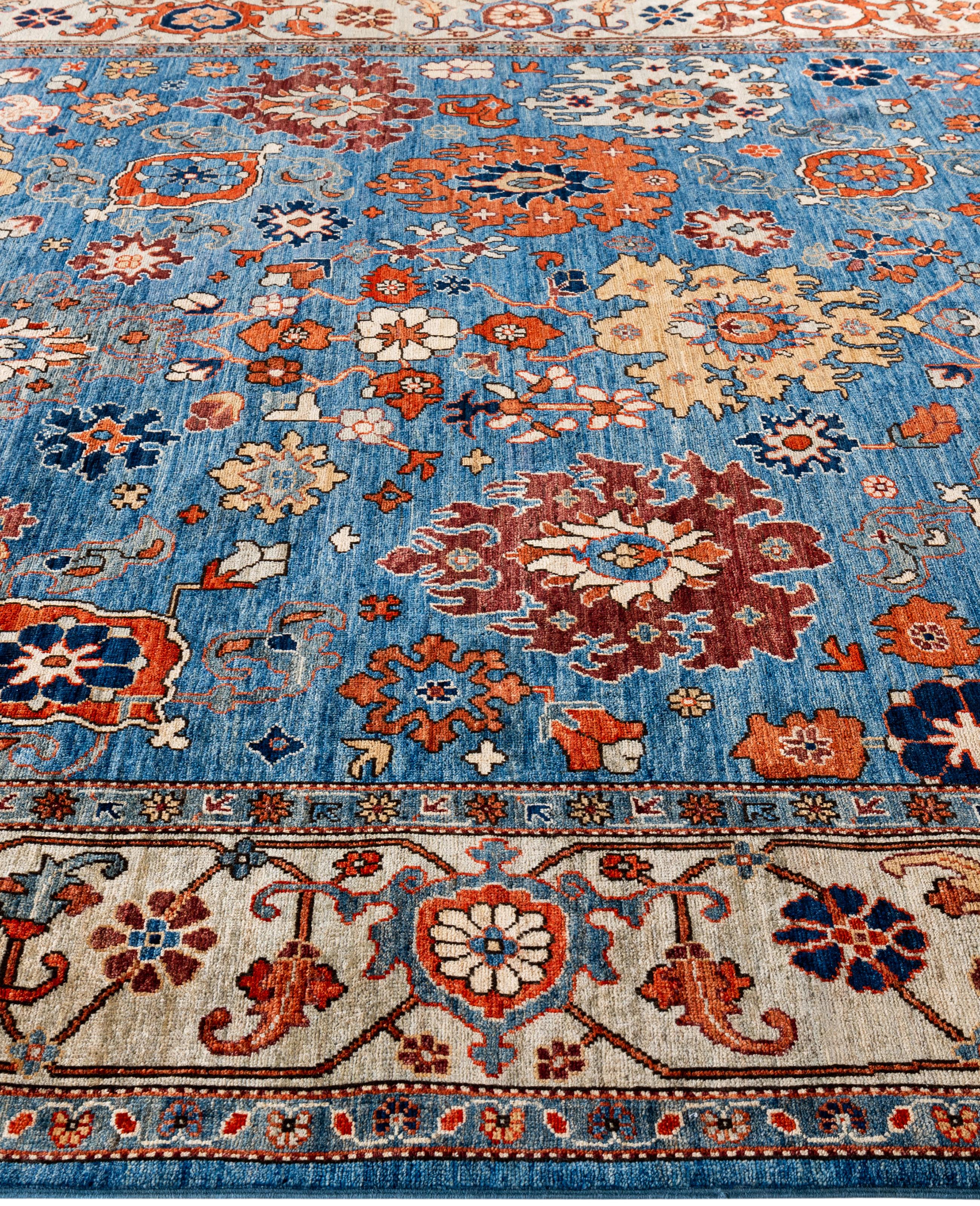 Noué à la main Tapis traditionnel tribal Serapi bleu clair noué à la main 7' 11