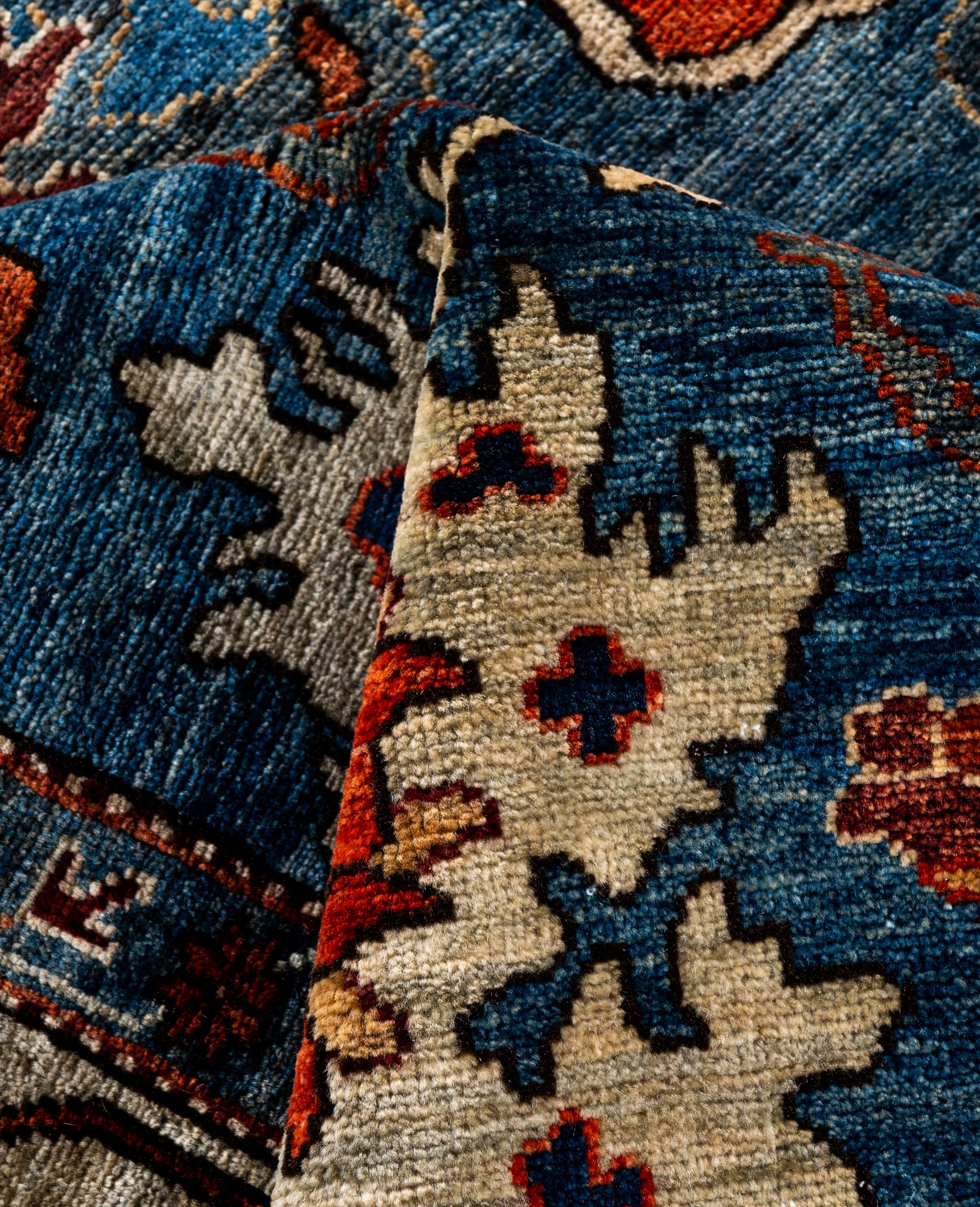 Laine Tapis traditionnel tribal Serapi bleu clair noué à la main 7' 11
