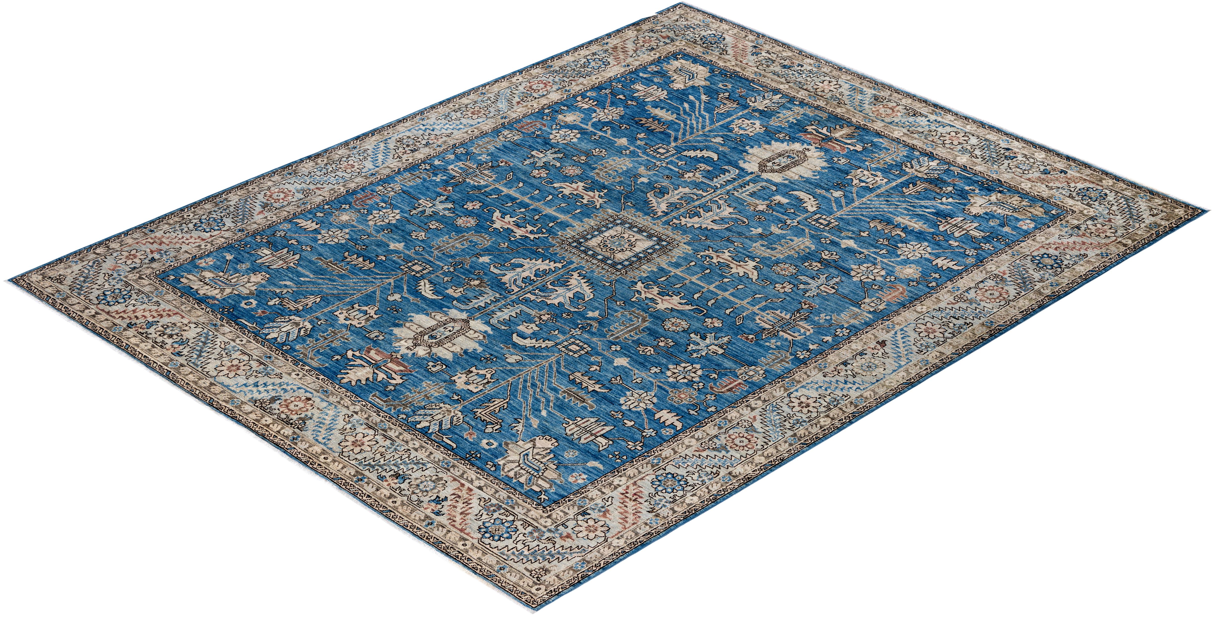 Tapis traditionnel tribal Serapi bleu clair noué à la main 7' 11