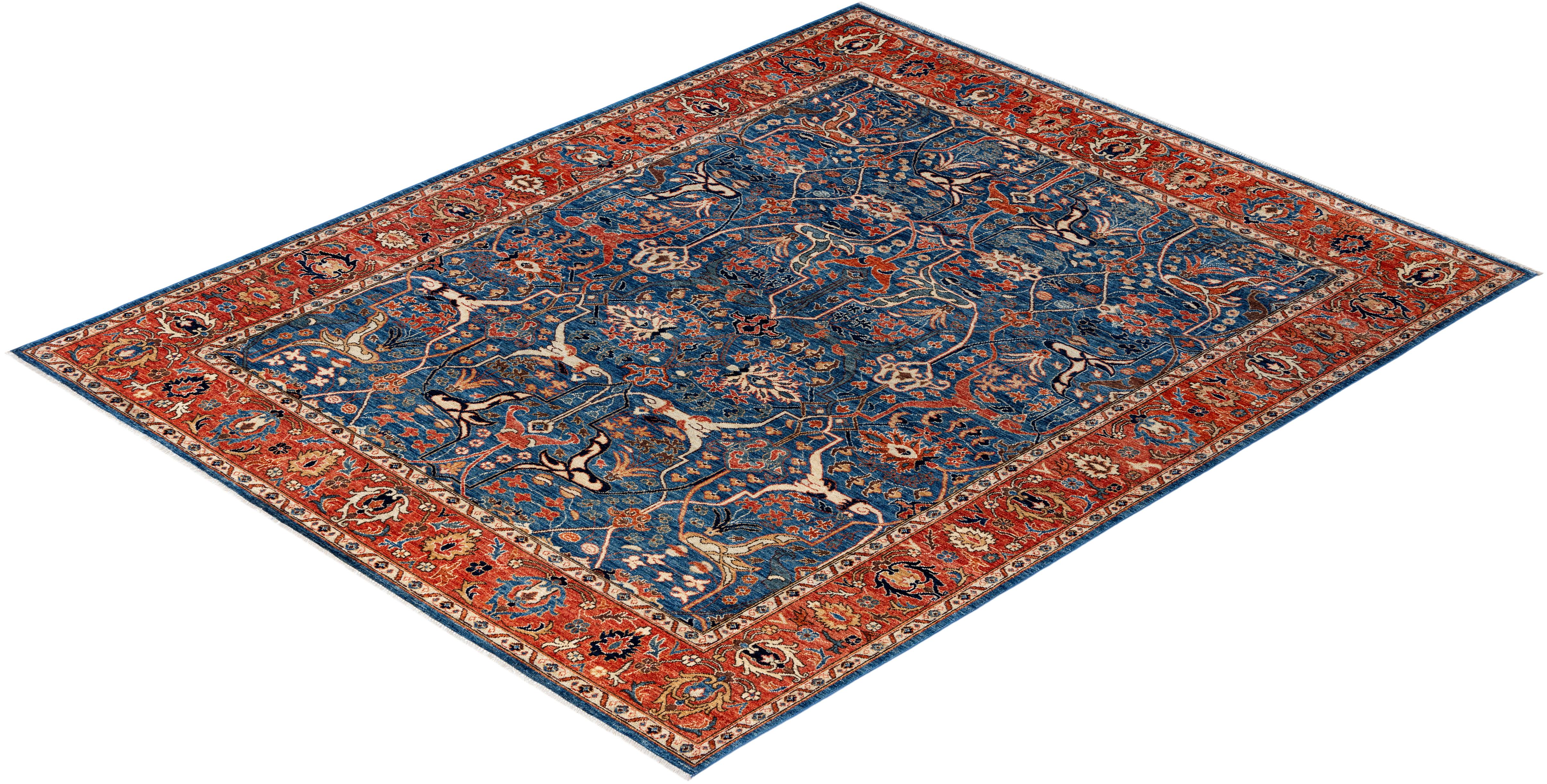 Tapis traditionnel tribal Serapi bleu clair noué à la main 7' 11