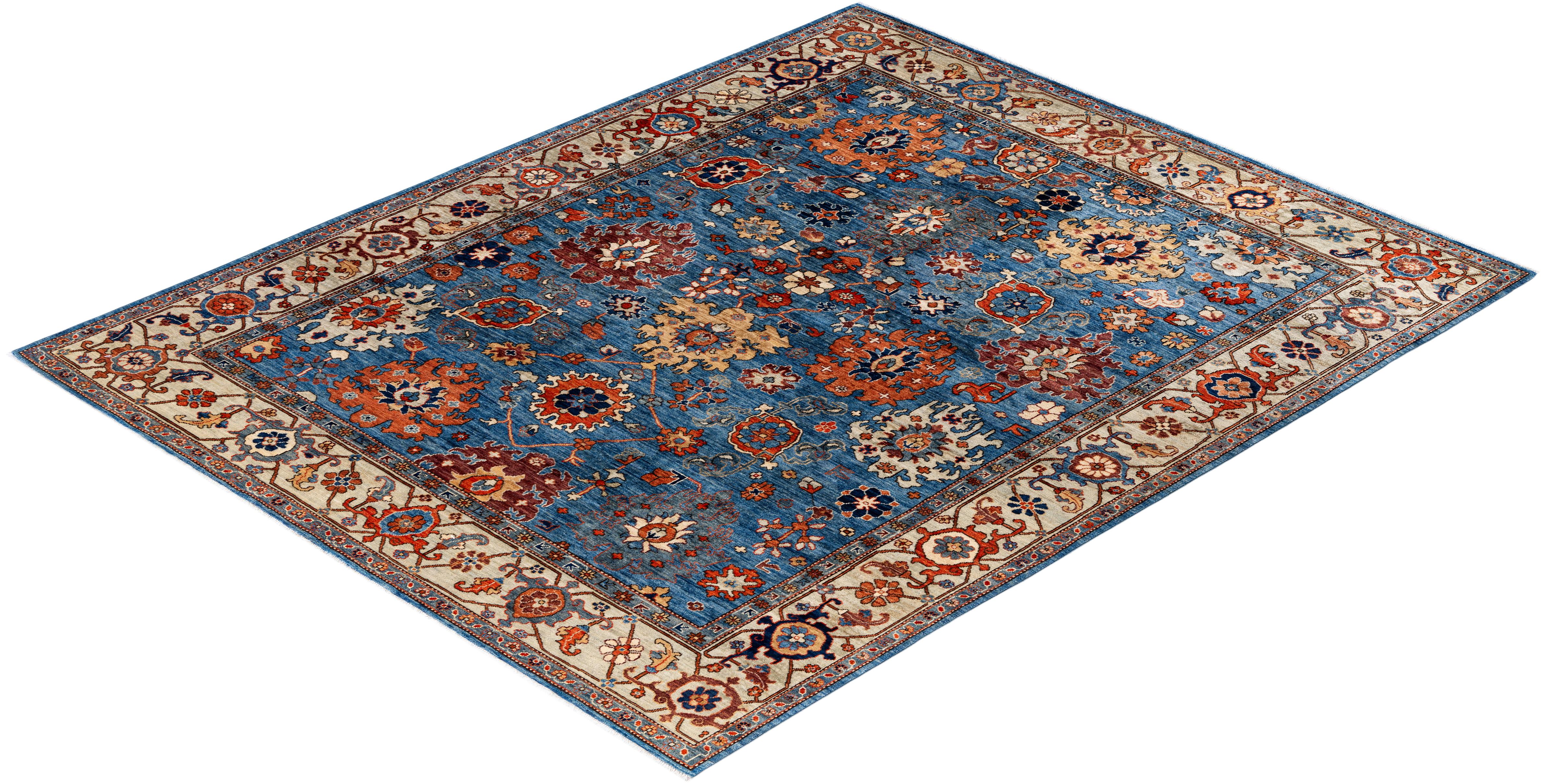 Tapis traditionnel tribal Serapi bleu clair noué à la main 7' 11