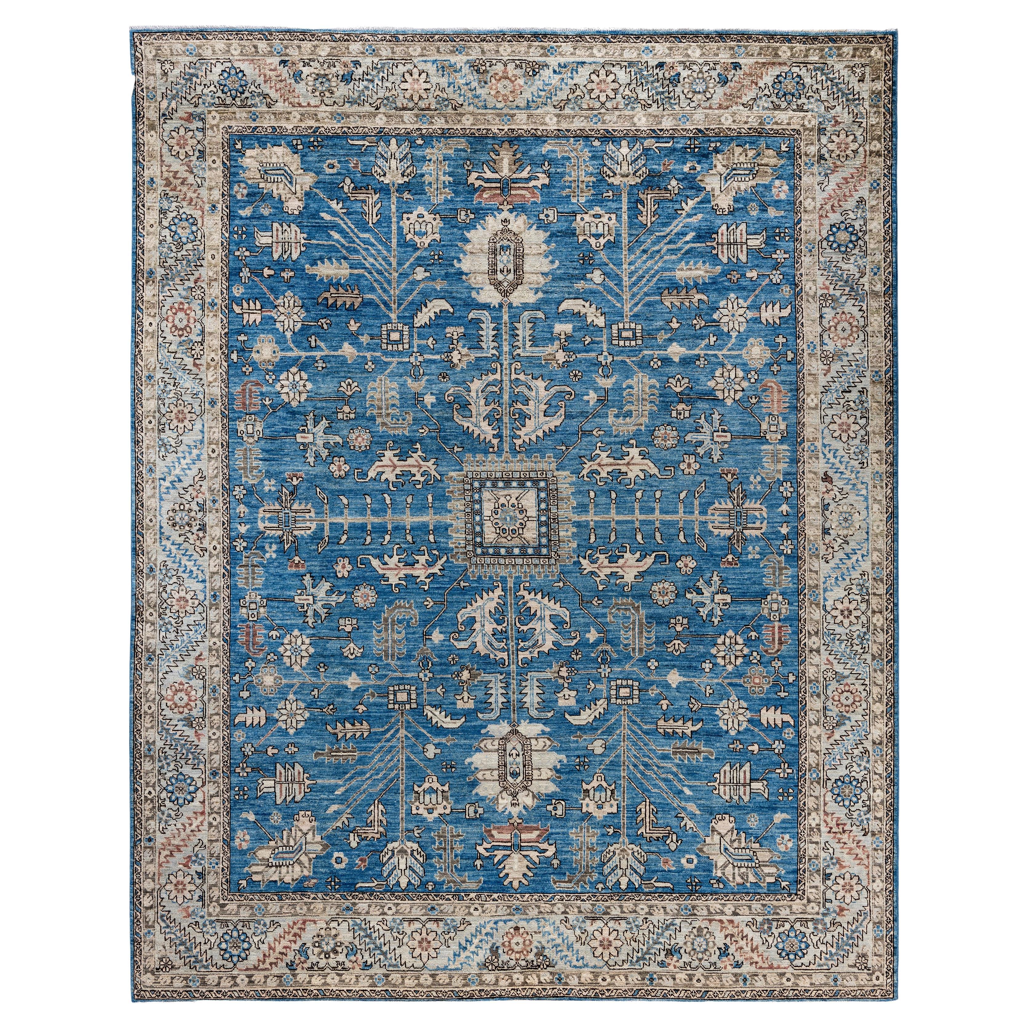 Alfombra tribal tradicional Serapi de lana anudada a mano azul claro 7' 11" x 9' 10