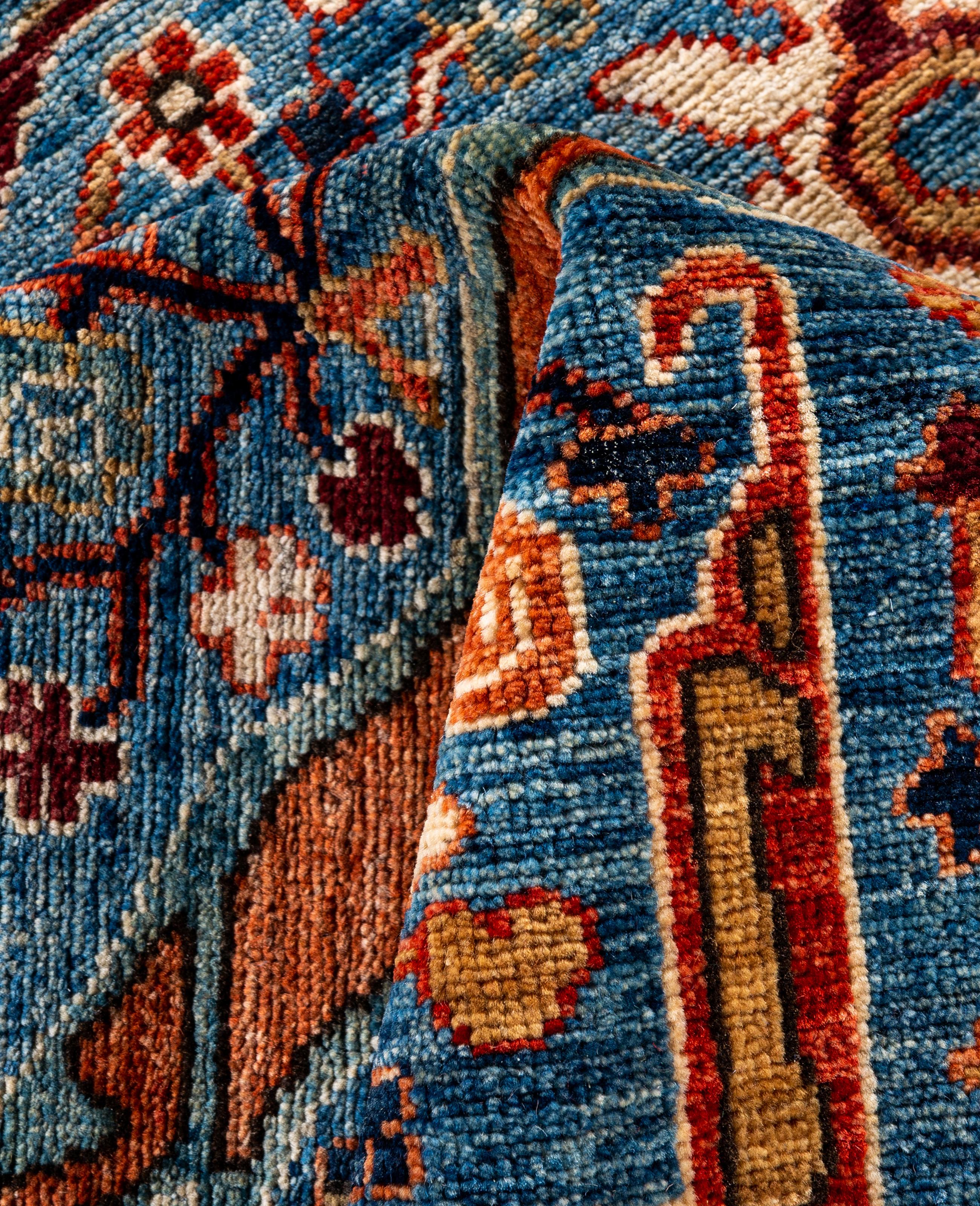 Laine Tapis traditionnel tribal Serapi bleu clair noué à la main 8' 11