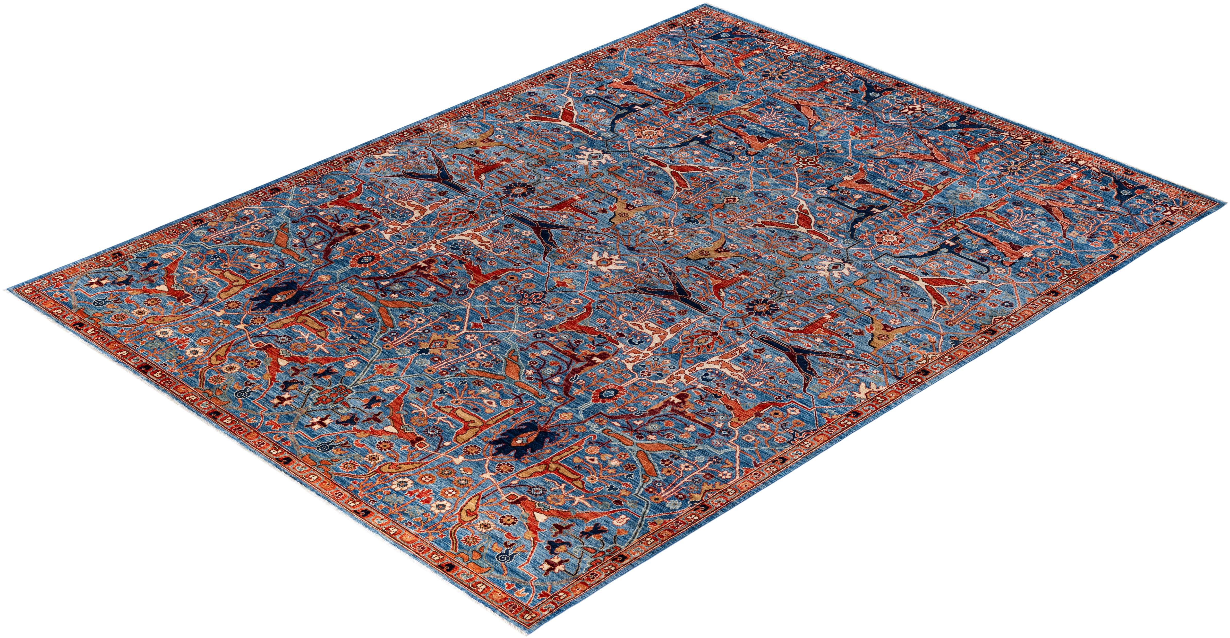 Tapis traditionnel tribal Serapi bleu clair noué à la main 8' 11