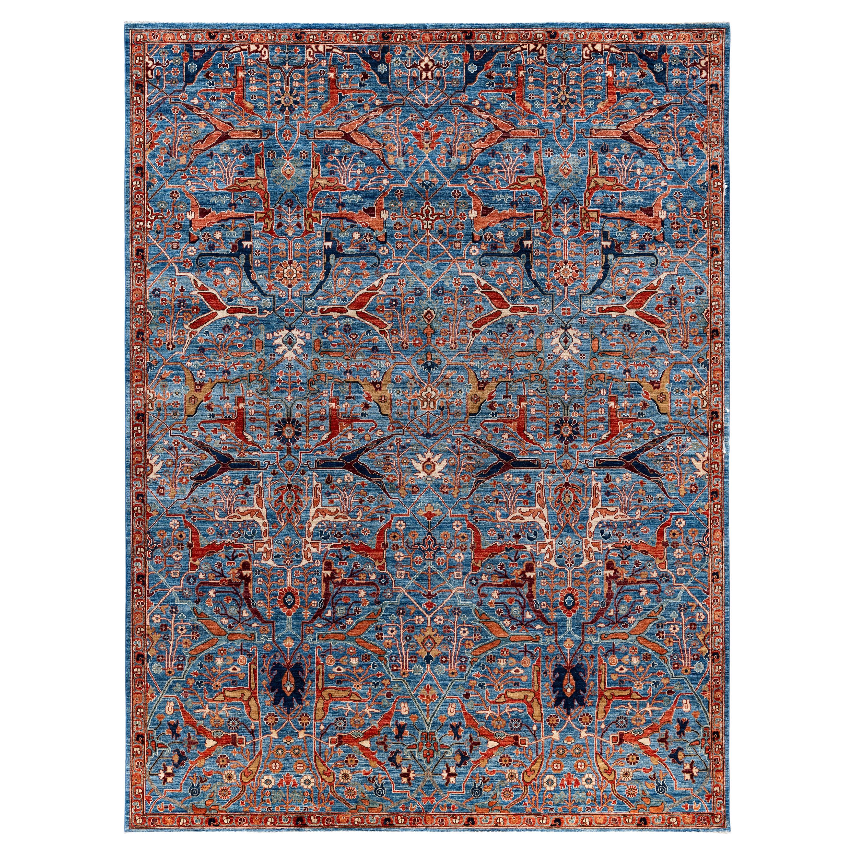Tapis traditionnel tribal Serapi bleu clair noué à la main 8' 11" x 11' 10"