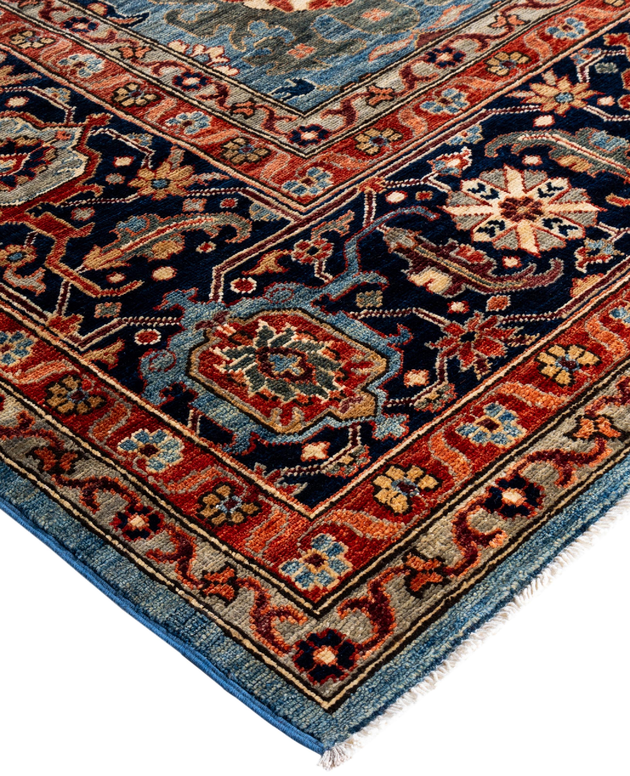 Serapi rugs are known for their bold, geometric designs and rich colors, often featuring a central medallion surrounded by intricate patterns. They typically use a warm, earthy color palette with deep reds, blues, ivory, and occasional greens. The