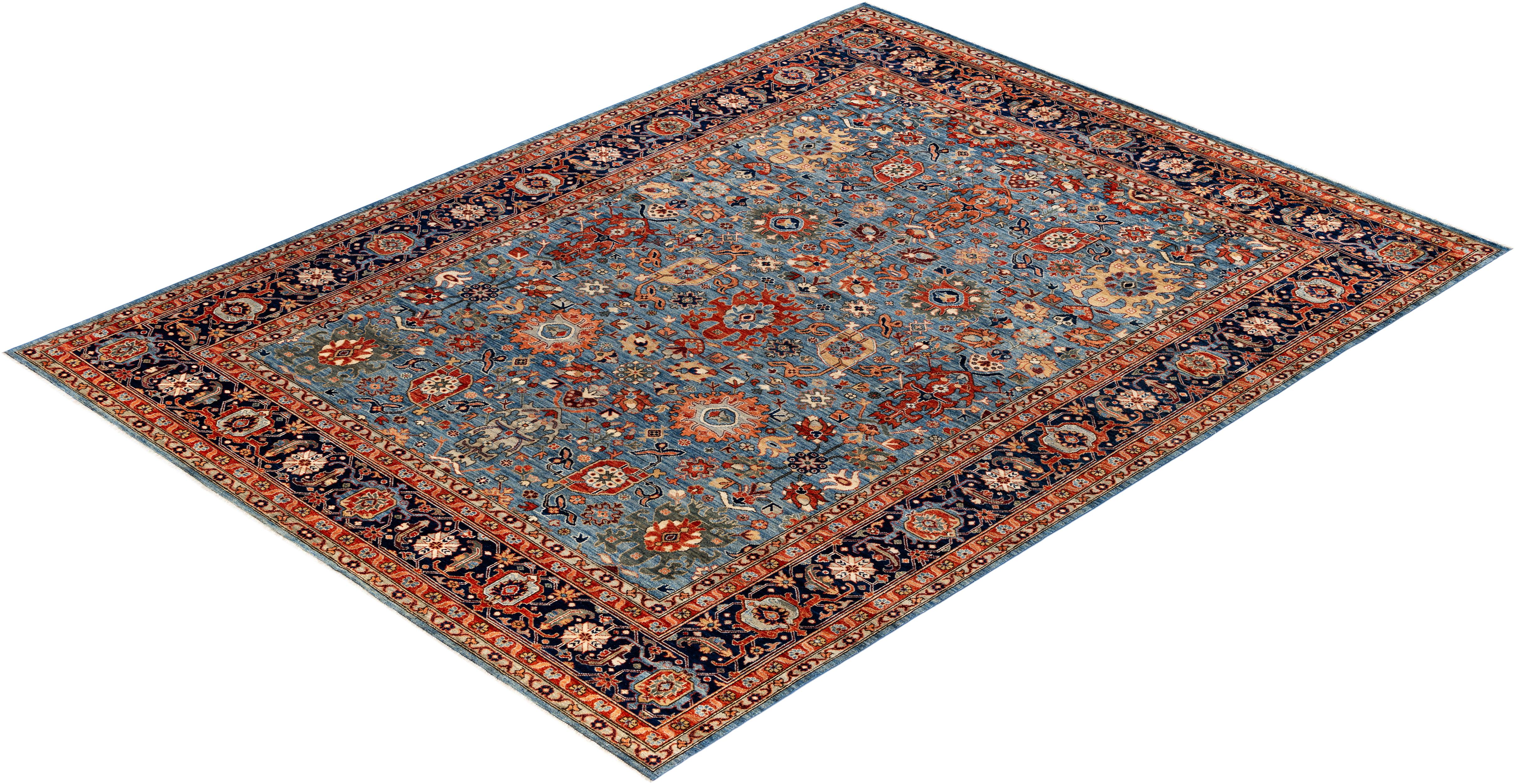 Traditional Tribal Serapi Wool Hand Knotted Light Blue Area Rug 9' 0