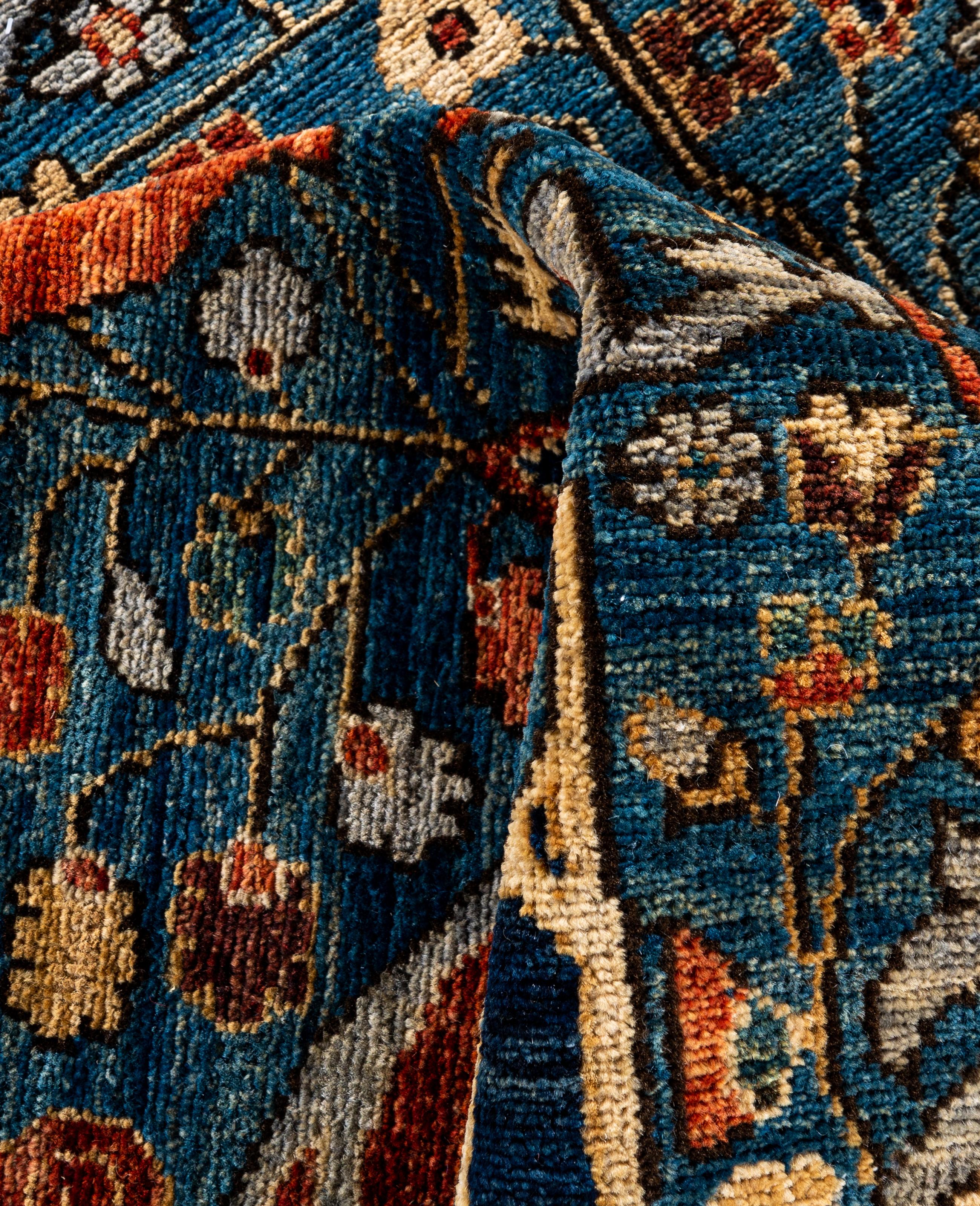 Laine Tapis traditionnel tribal Serapi bleu clair noué à la main 9' 0