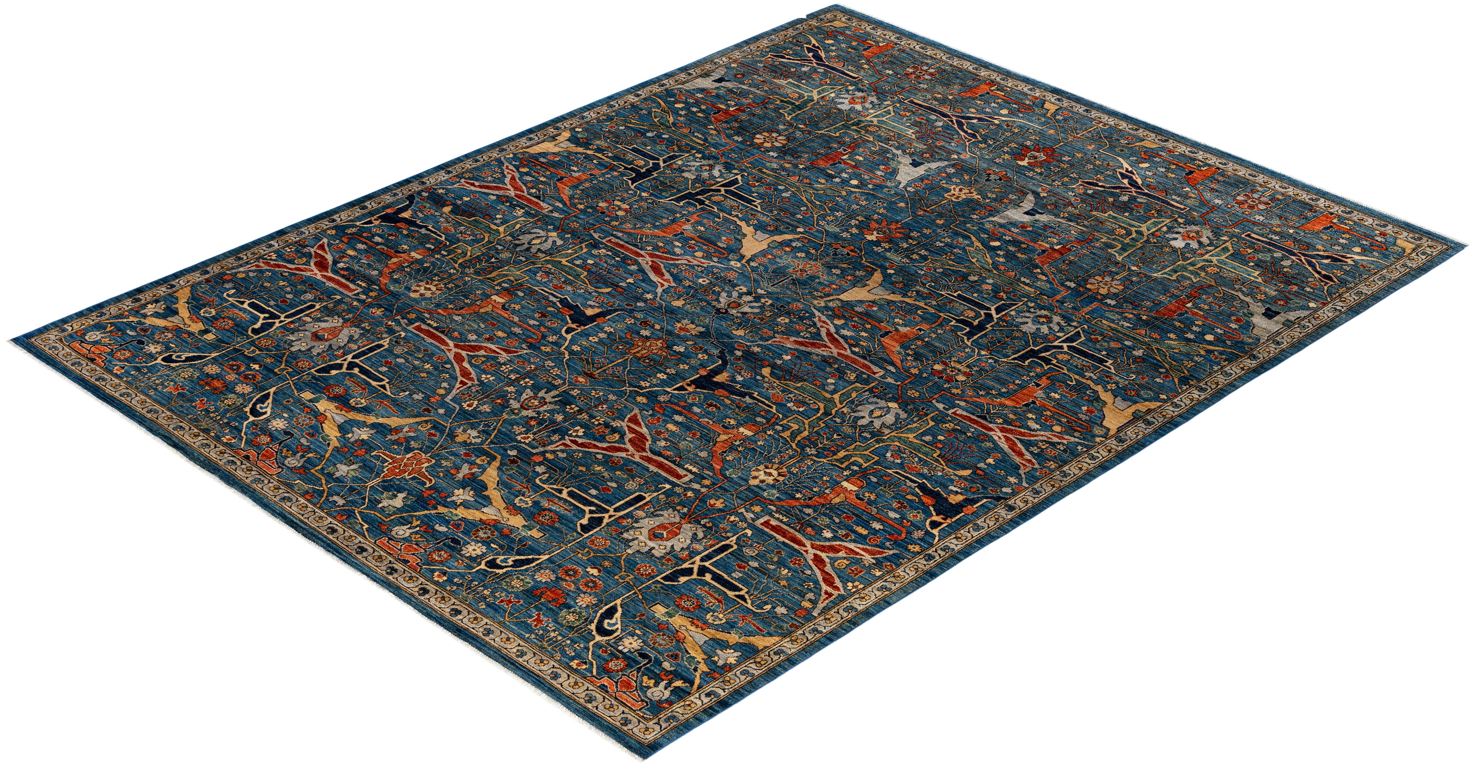 Tapis traditionnel tribal Serapi bleu clair noué à la main 9' 0