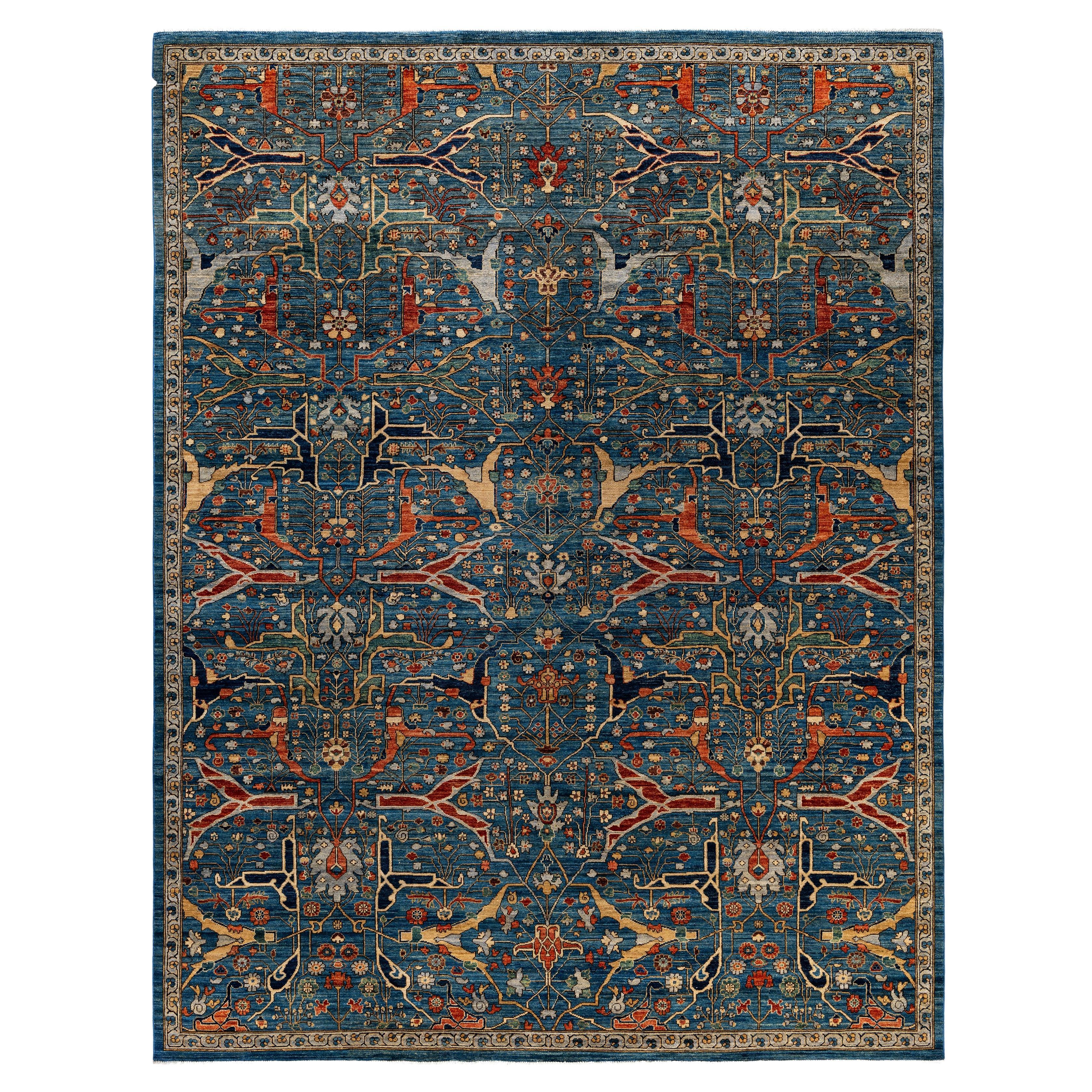 Tapis traditionnel tribal Serapi bleu clair noué à la main 9' 0" x 11' 9"