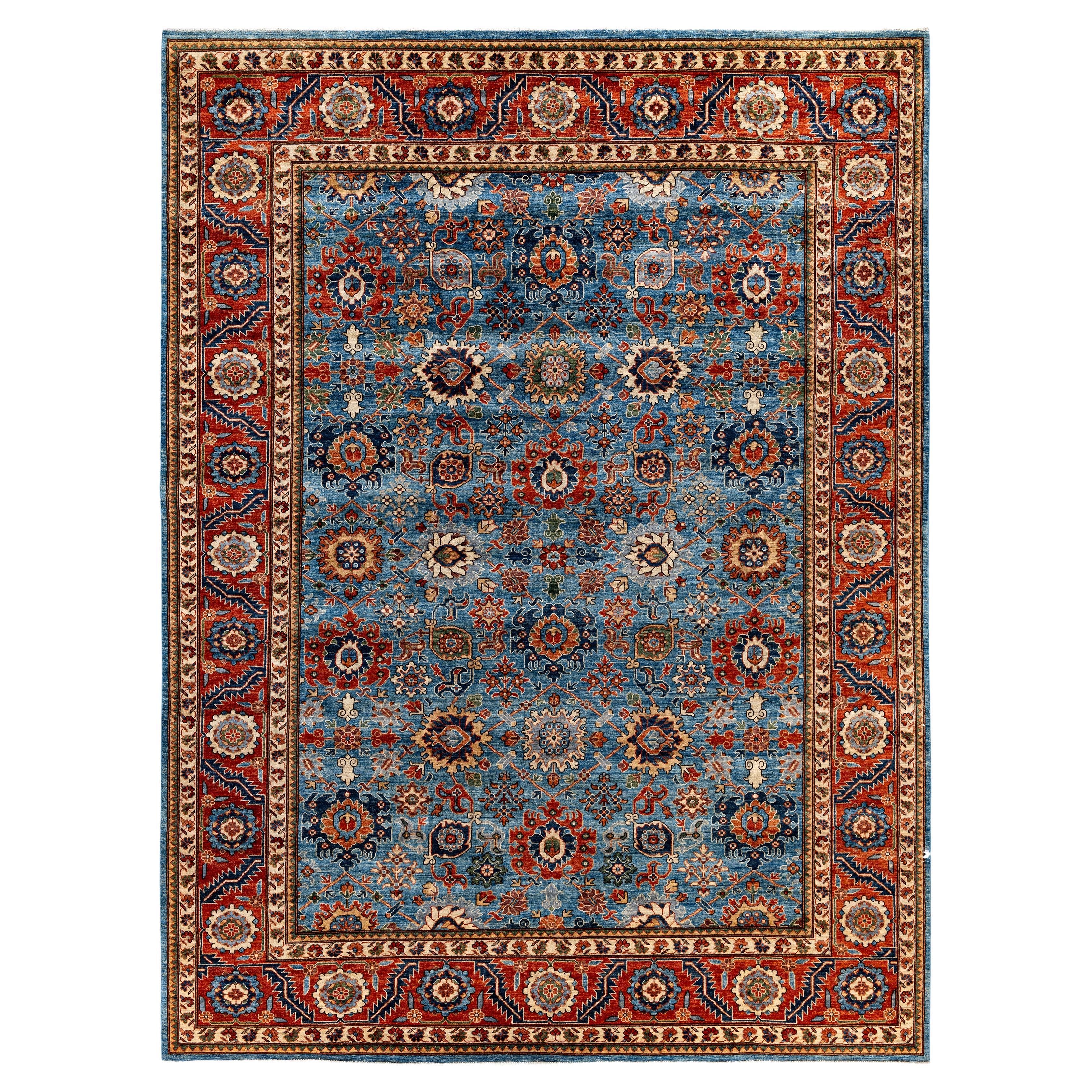 Traditional Tribal Serapi Wool Hand Knotted Light Blue Area Rug 9' 3" x 12' 3"