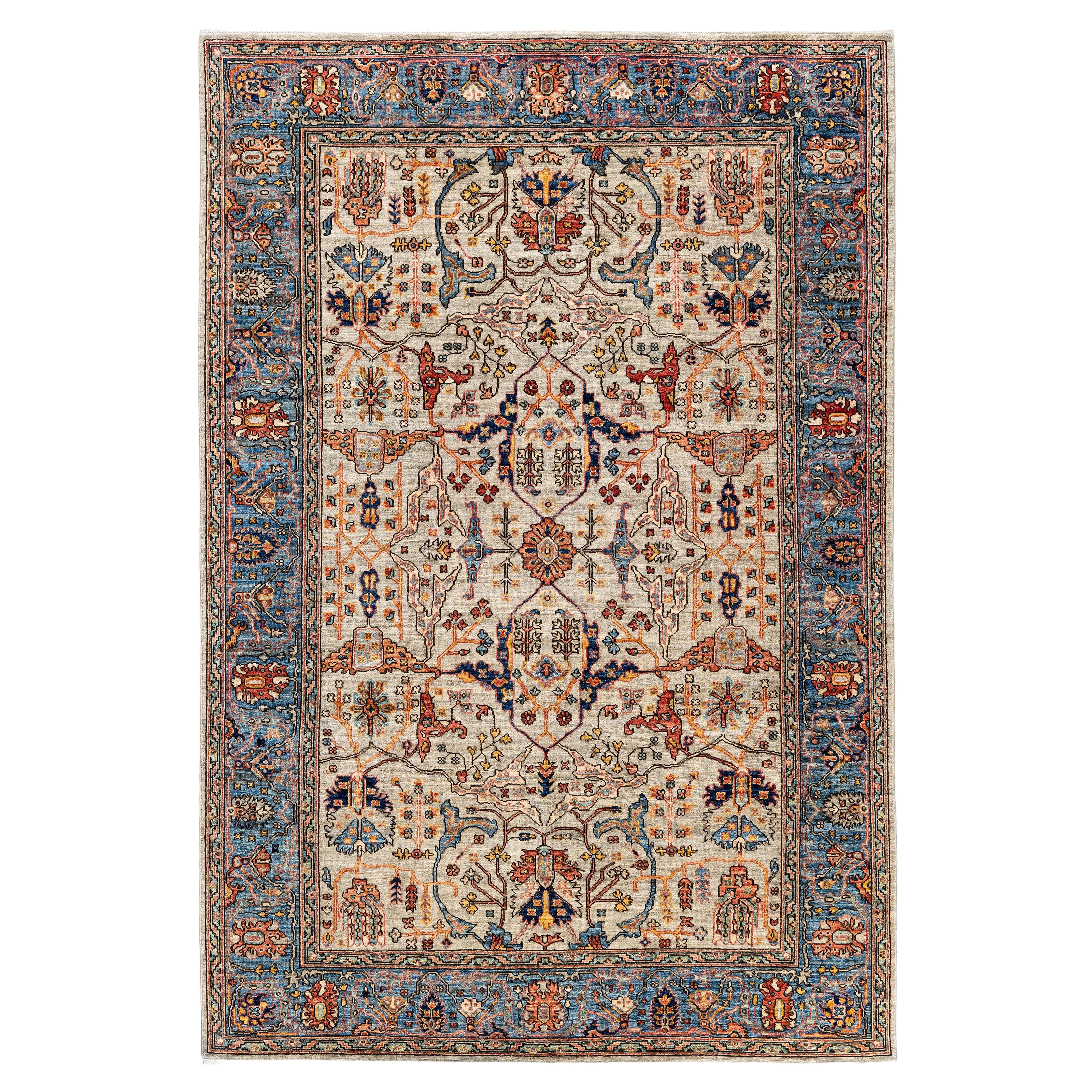 Traditional Tribal Serapi Wool Hand Knotted Light Gray Area Rug 5' 11" x 8' 9"