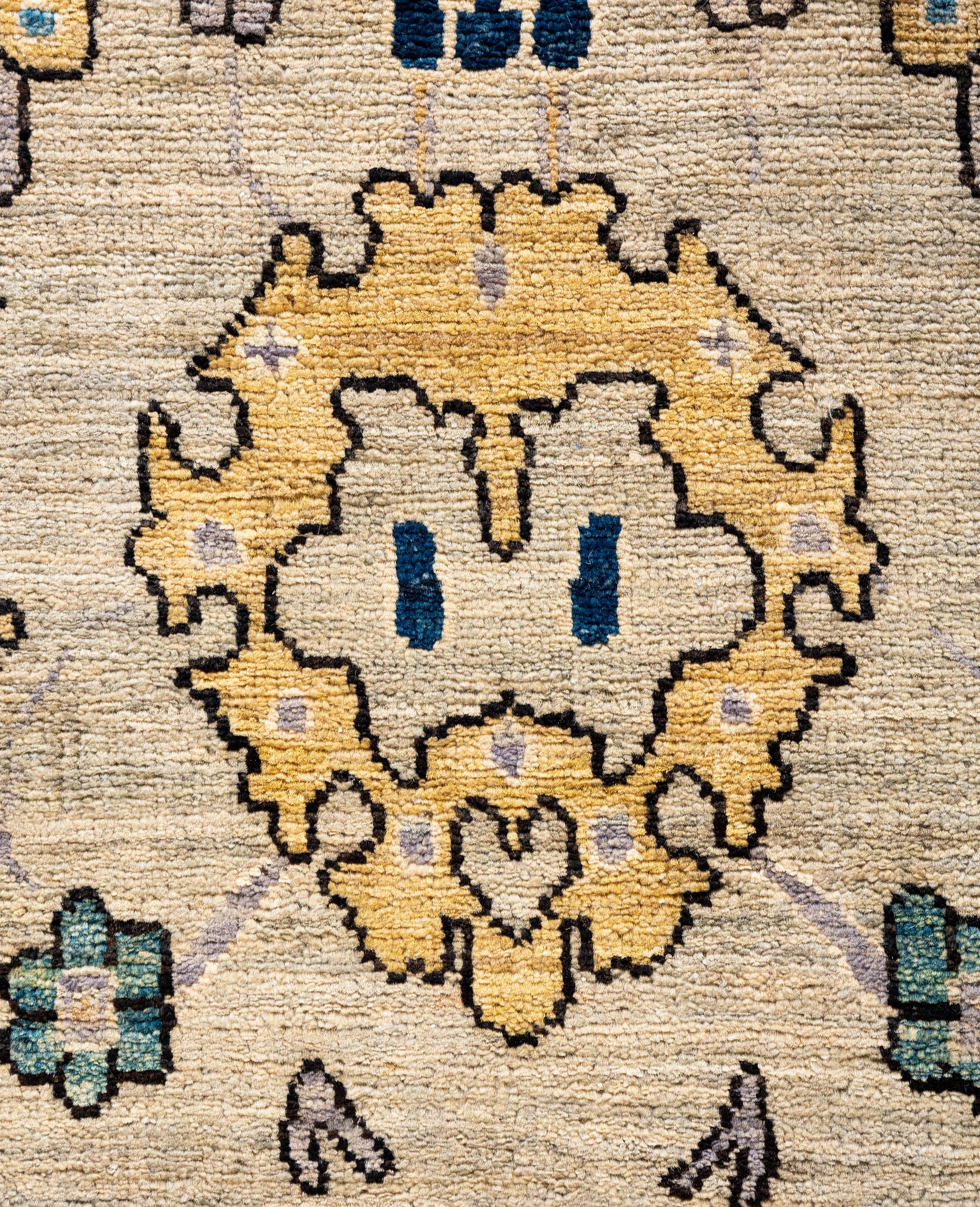 Traditioneller handgeknüpfter Teppich aus Serapi-Wolle in Hellgrau, Stammeskunst, 6' 0