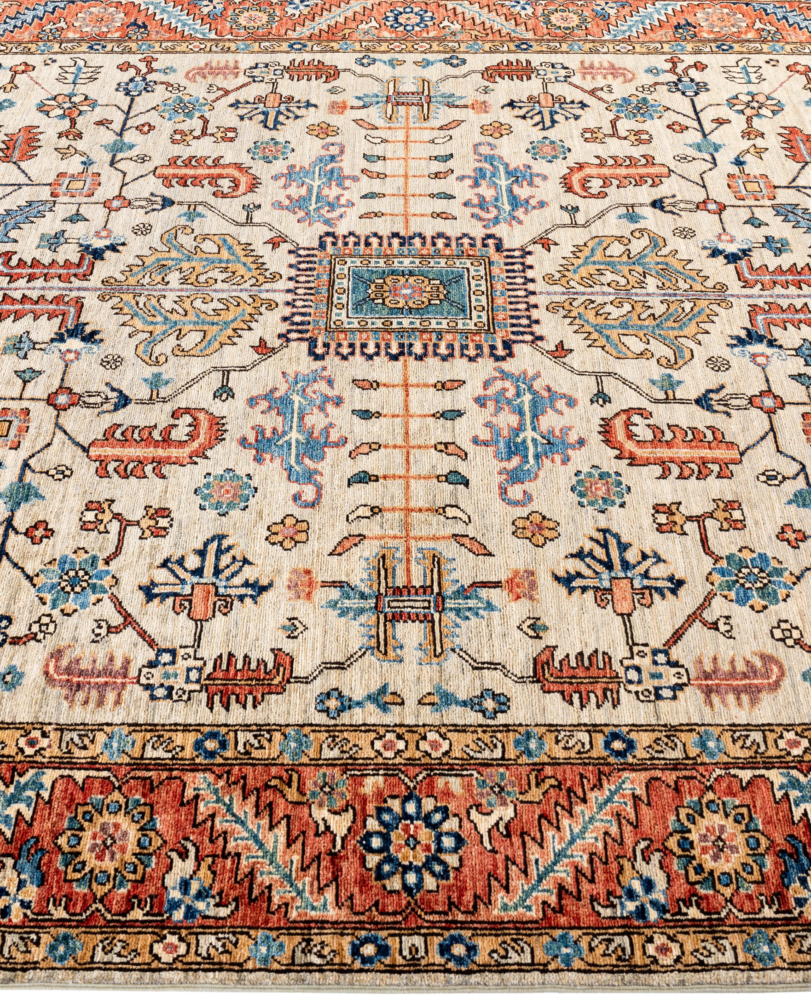 Traditioneller handgeknüpfter Teppich aus Serapi-Wolle in Hellgrau, Stammeskunst, 6' 2
