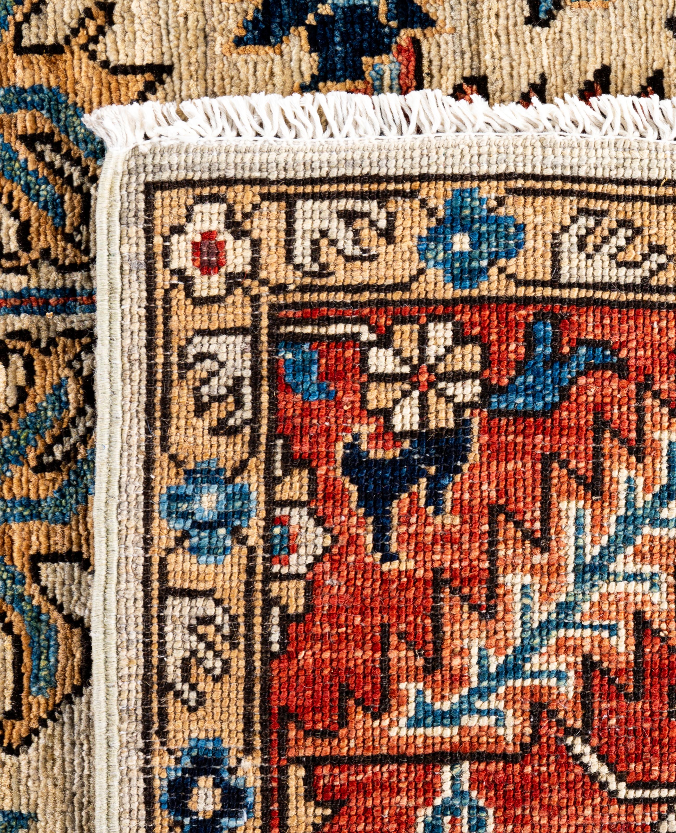 Traditioneller handgeknüpfter Teppich aus Serapi-Wolle in Hellgrau, Stammeskunst, 6' 2