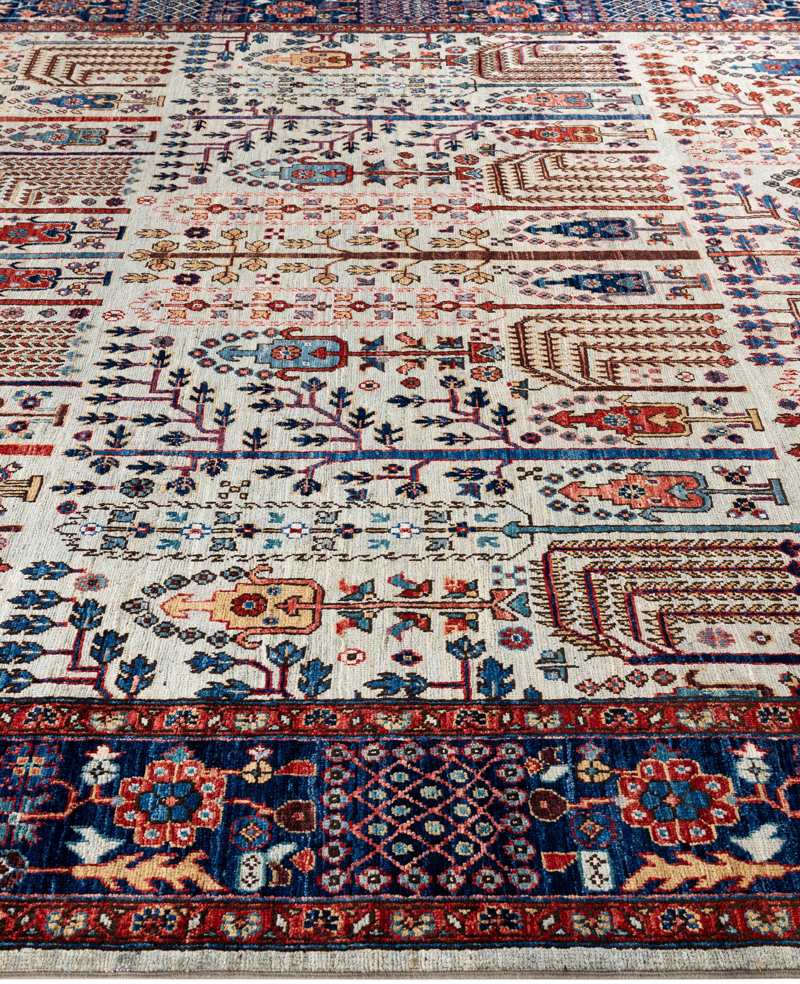Traditioneller handgeknüpfter Teppich aus Serapi-Wolle in Hellgrau, Stammeskunst, 8' 0
