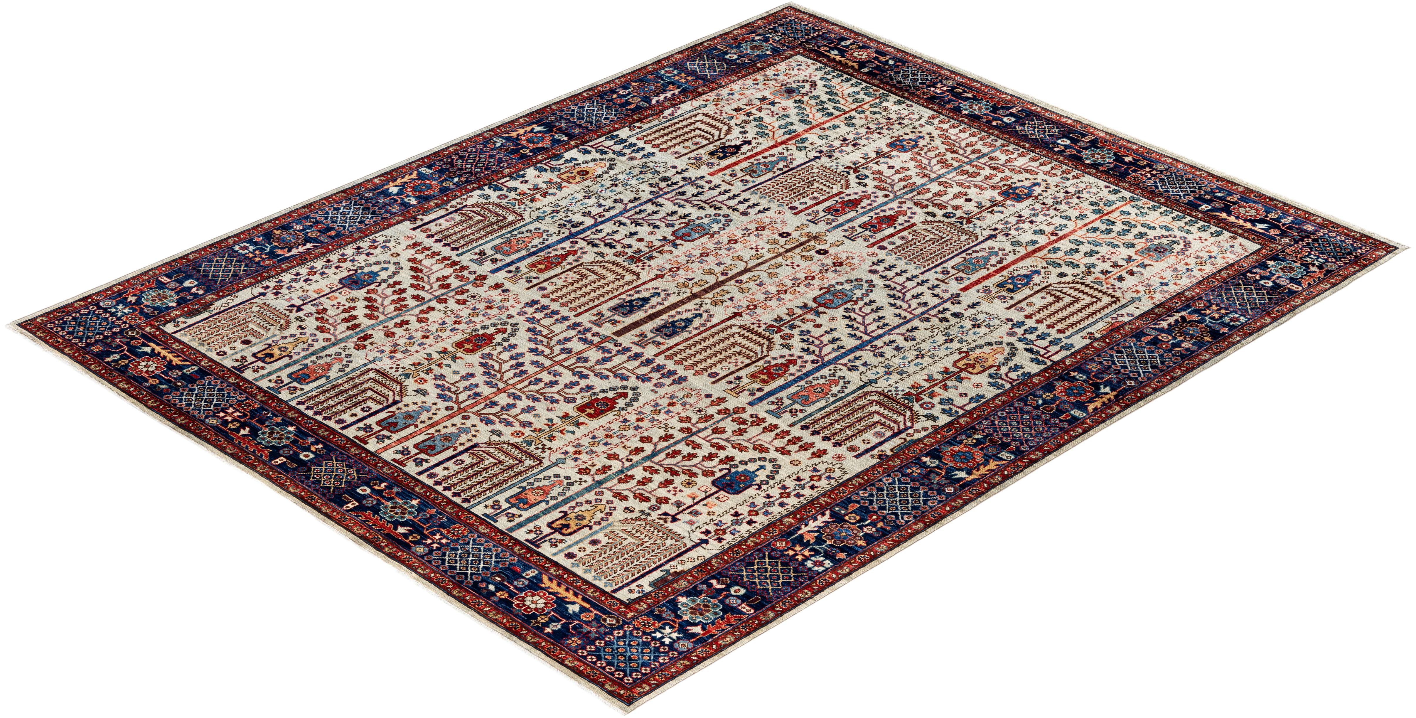 Traditioneller handgeknüpfter Teppich aus Serapi-Wolle in Hellgrau, Stammeskunst, 8' 0