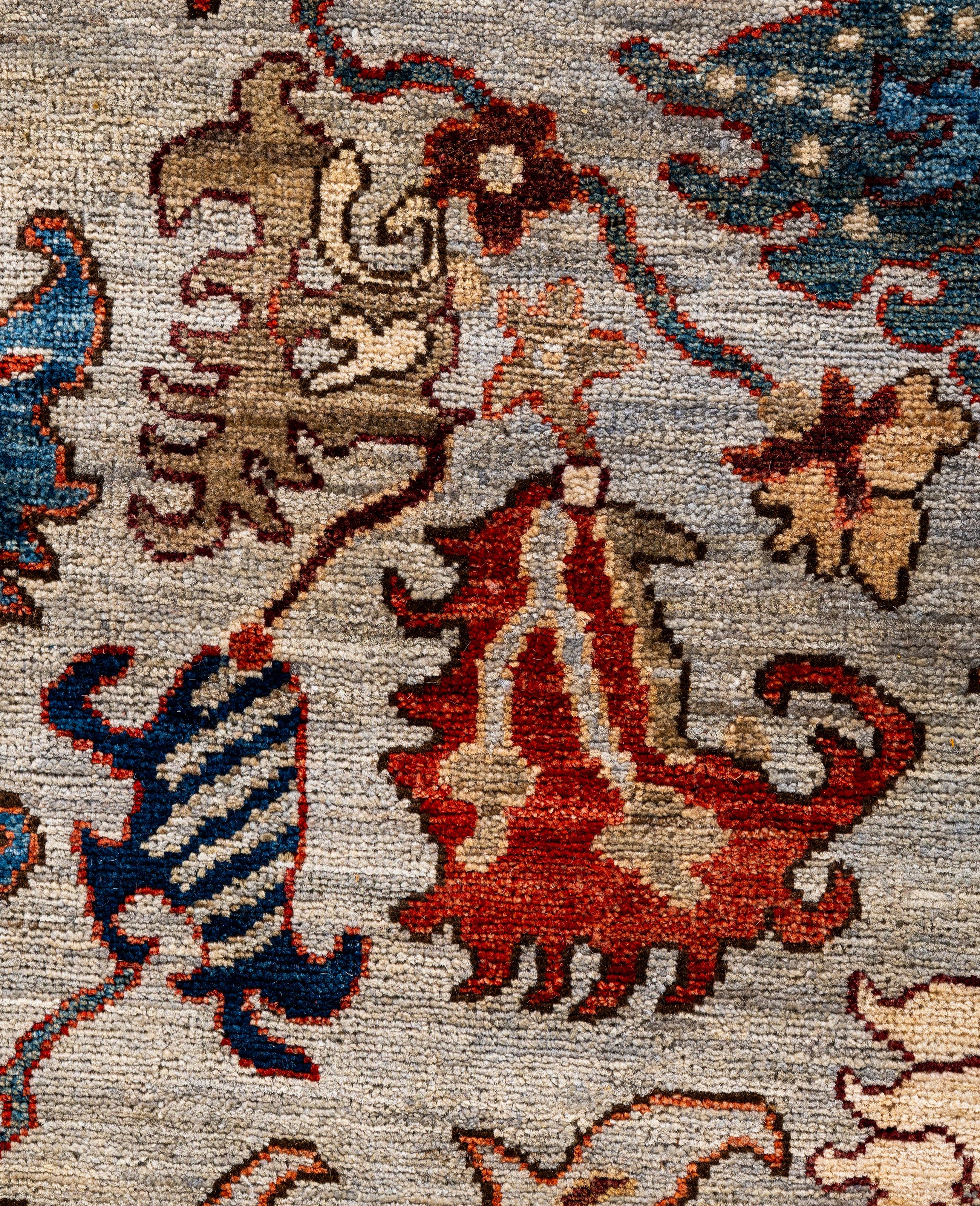 Traditioneller handgeknüpfter Teppich aus Serapi-Wolle in Hellgrau, Stammeskunst, 8' 11