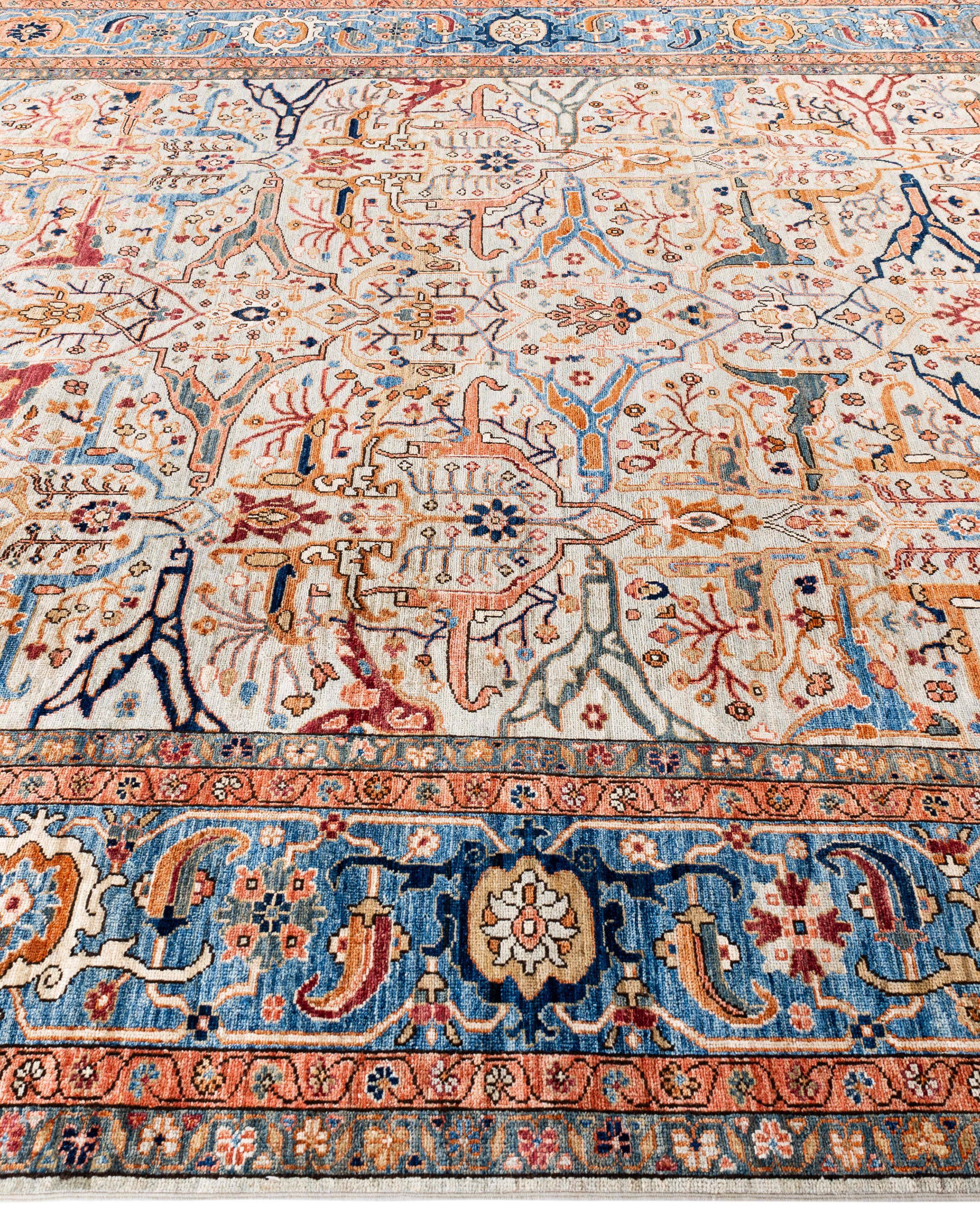 Traditioneller handgeknüpfter Teppich aus Serapi-Wolle in Hellgrau, Stammeskunst, 8' 11