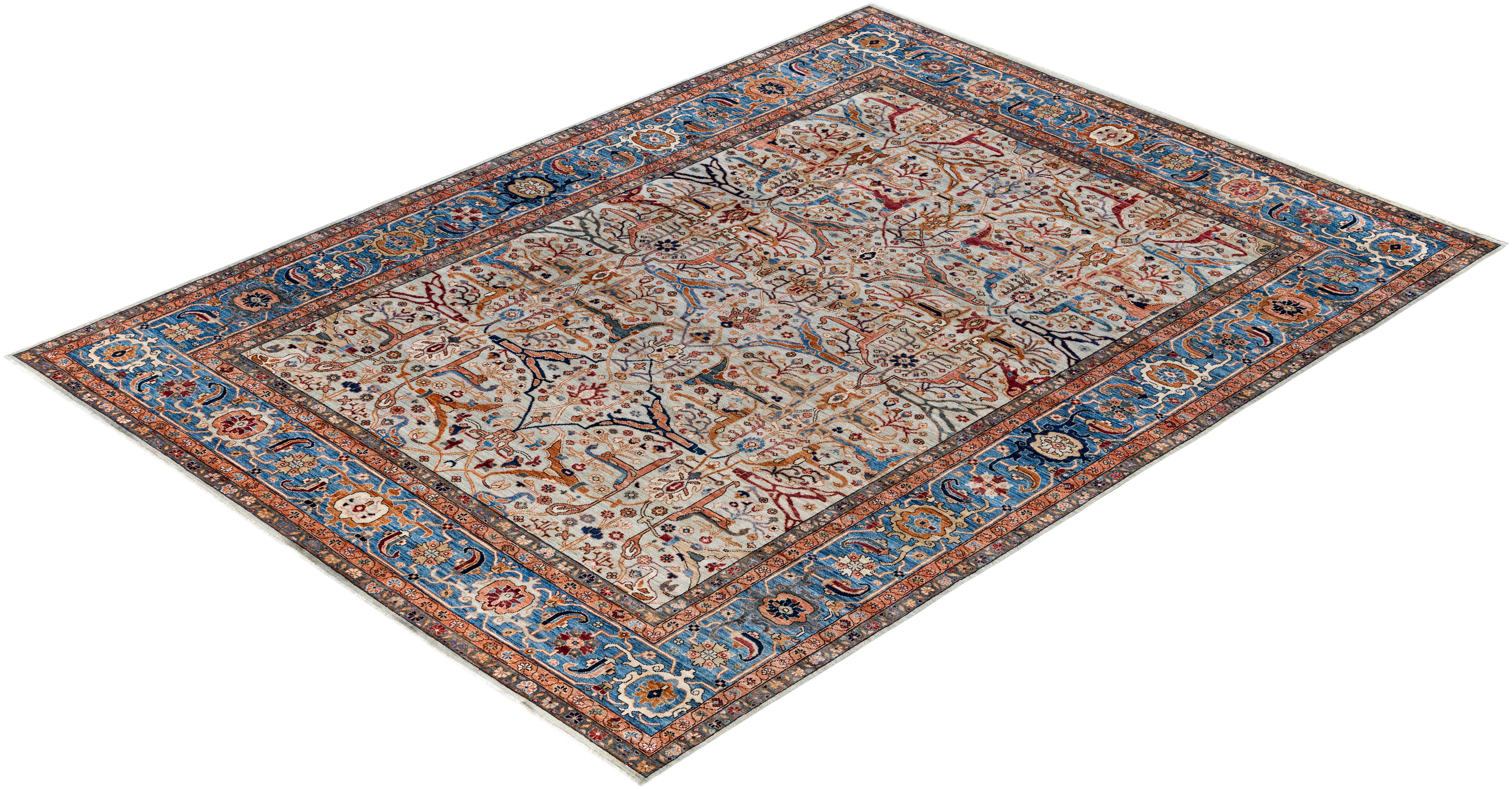 Traditioneller handgeknüpfter Teppich aus Serapi-Wolle in Hellgrau, Stammeskunst, 8' 11