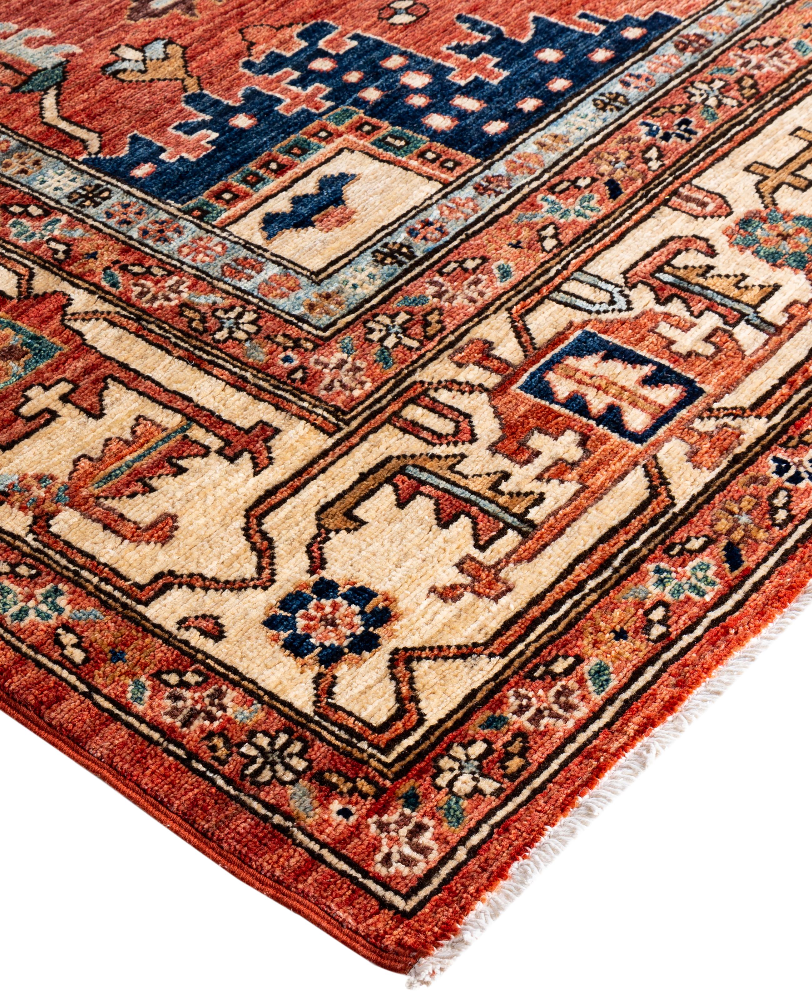 Serapi rugs are known for their bold, geometric designs and rich colors, often featuring a central medallion surrounded by intricate patterns. They typically use a warm, earthy color palette with deep reds, blues, ivory, and occasional greens. The