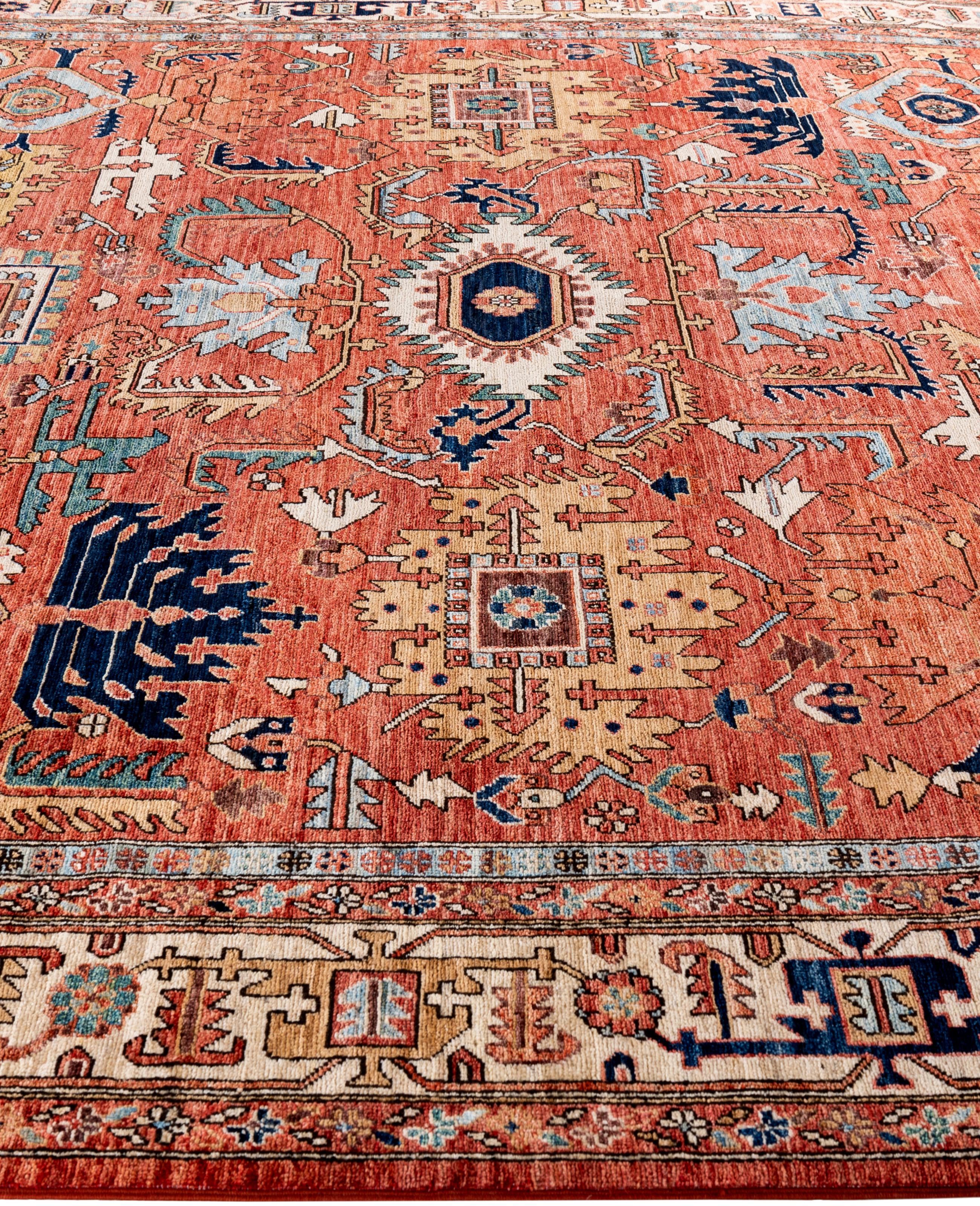 Hand-Knotted Traditional Tribal Serapi Wool Hand Knotted Orange Area Rug 8' 10