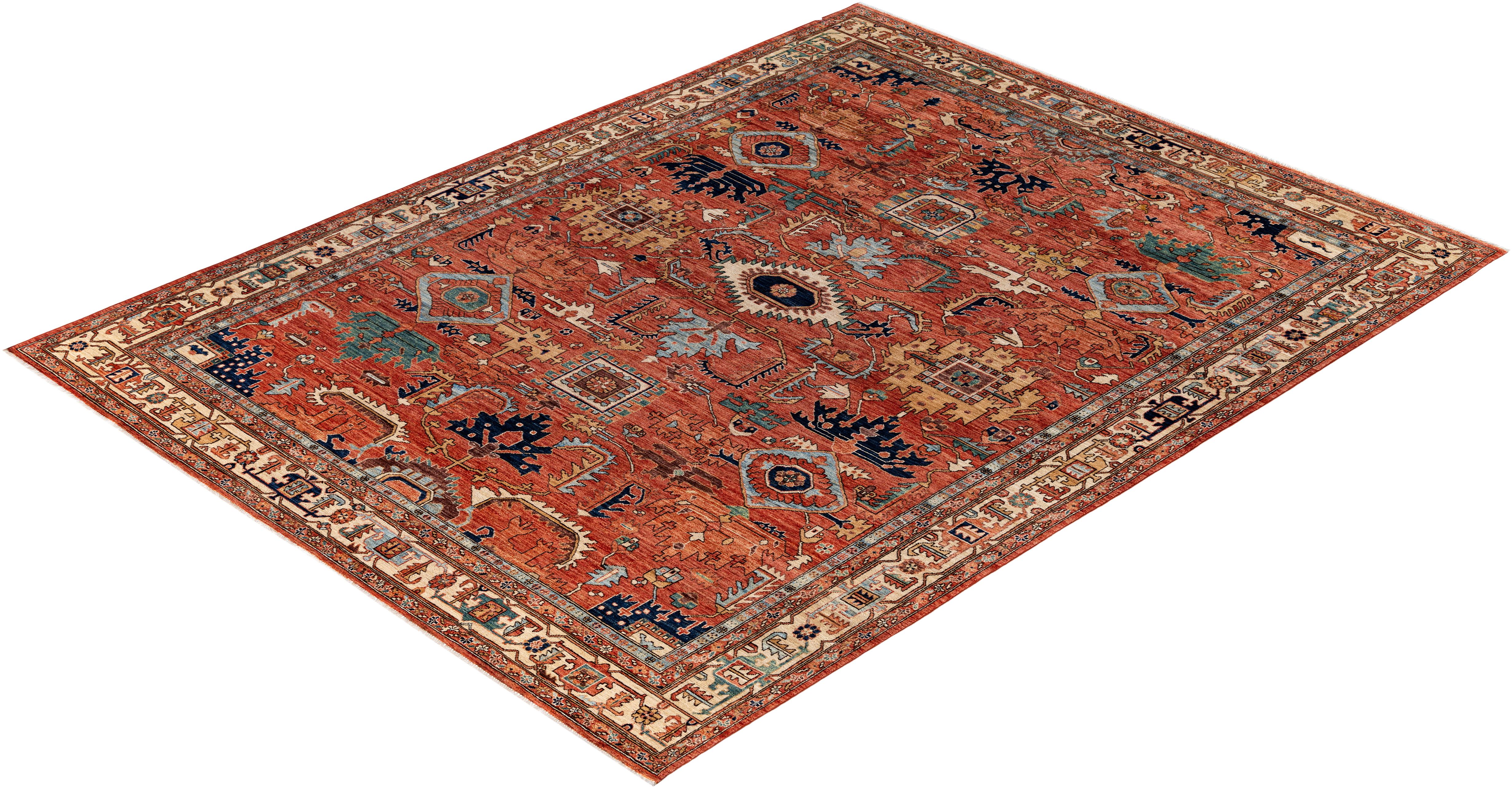 Traditional Tribal Serapi Wool Hand Knotted Orange Area Rug 8' 10