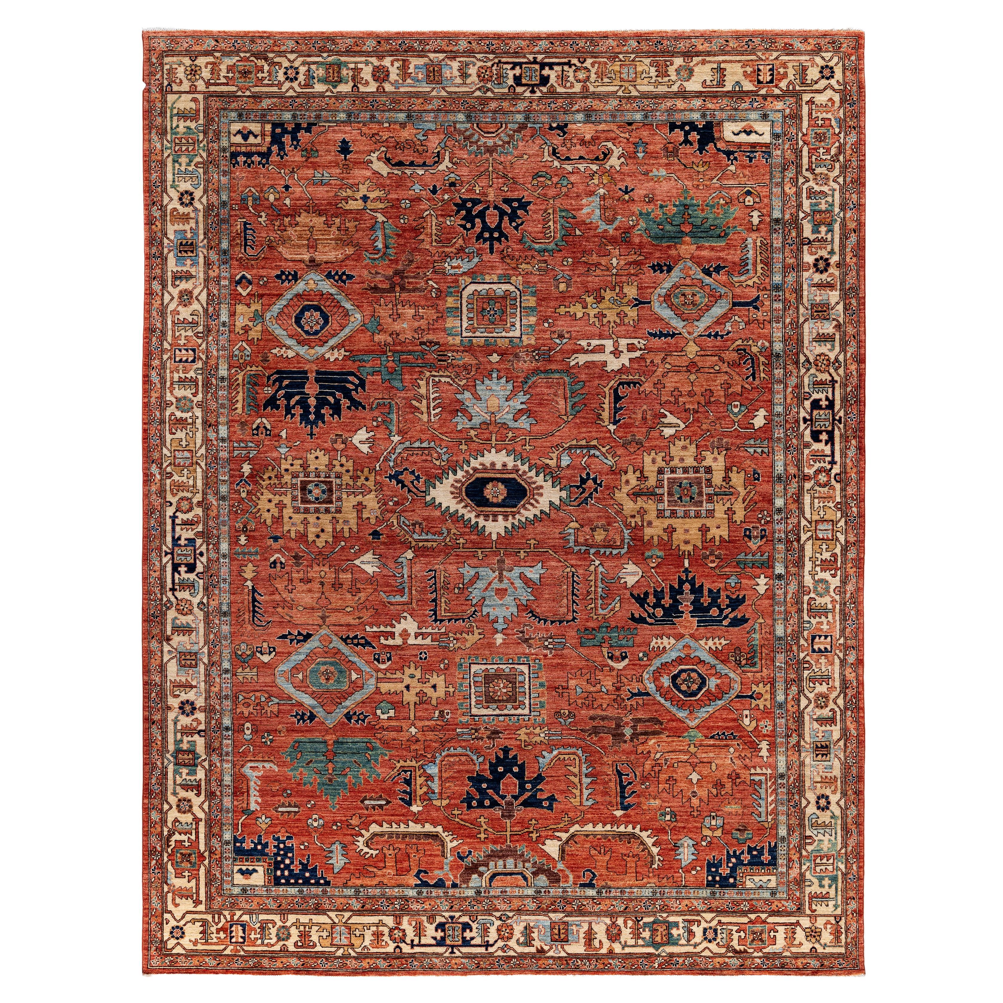 Traditional Tribal Serapi Wool Hand Knotted Orange Area Rug 8' 10" x 11' 8" For Sale