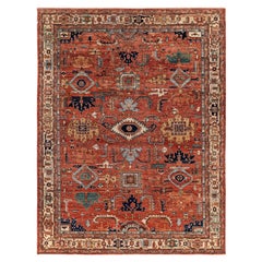 Traditioneller handgeknüpfter orangefarbener Teppich aus Serapi-Wolle, Stammeskunst, 8' 10" x 11' 8"