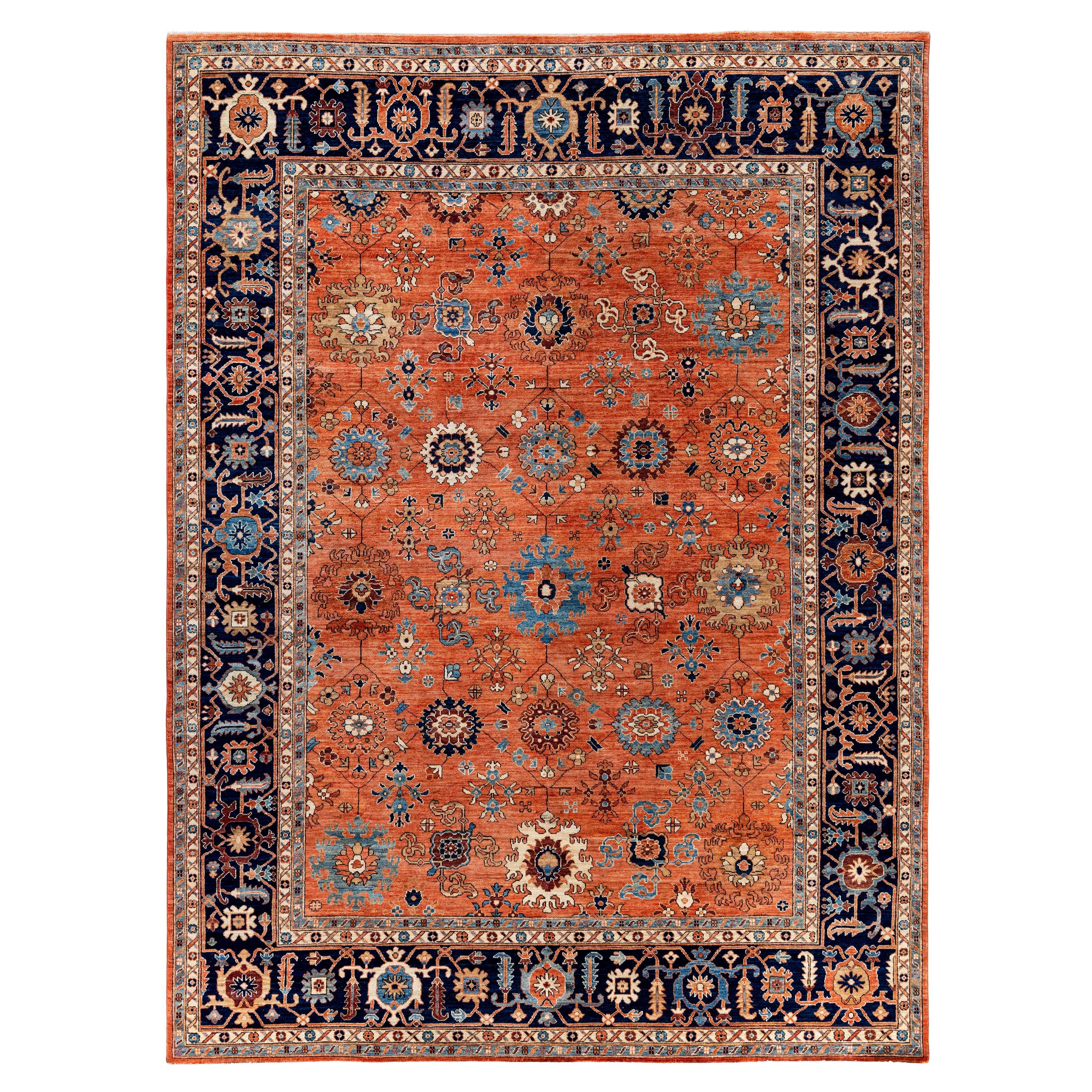Traditional Tribal Serapi Wool Hand Knotted Orange Area Rug 9' 1" x 11' 9"