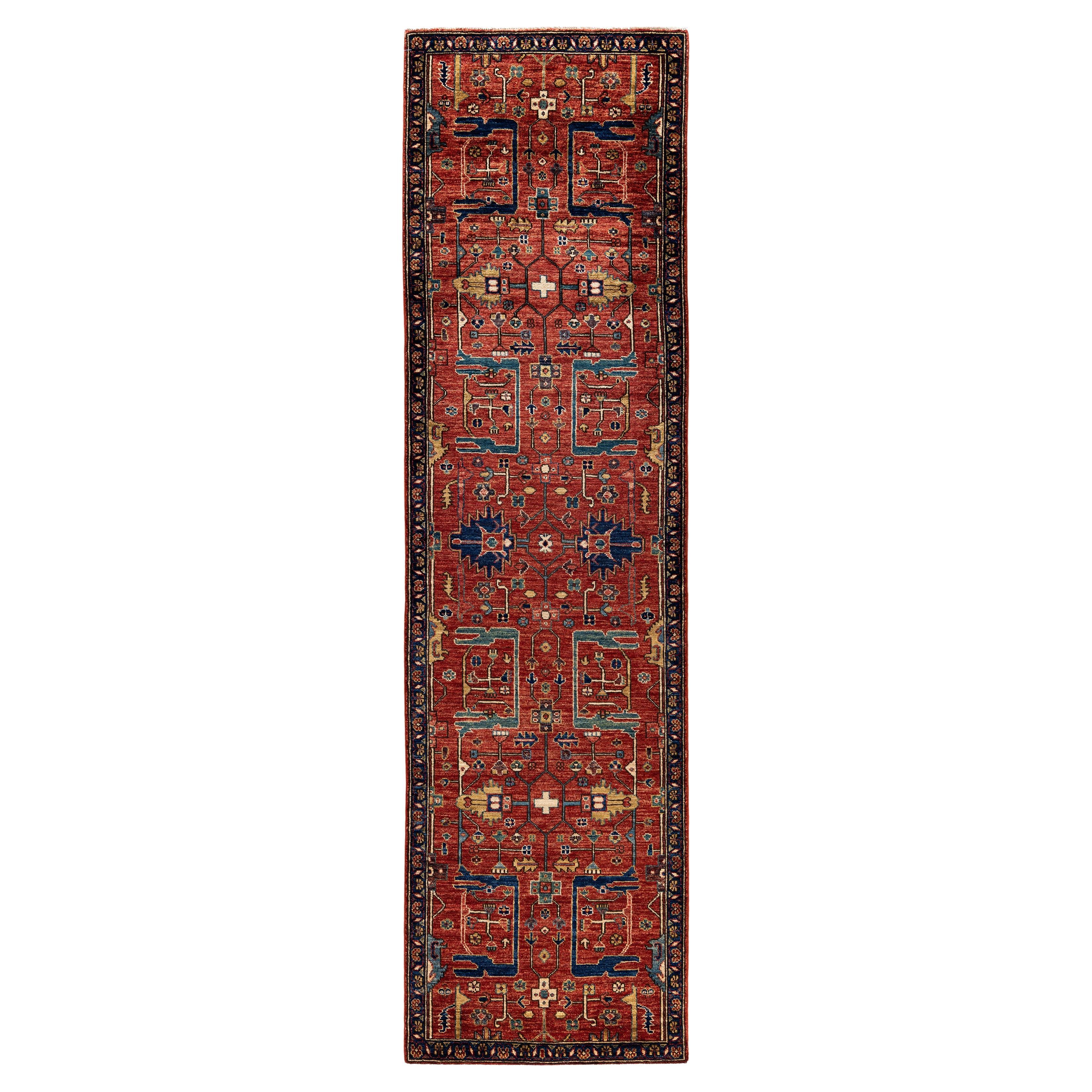 Traditioneller handgeknüpfter roter Serapi-Wollteppich aus Stammeskunst 2' 8" x 9' 10"