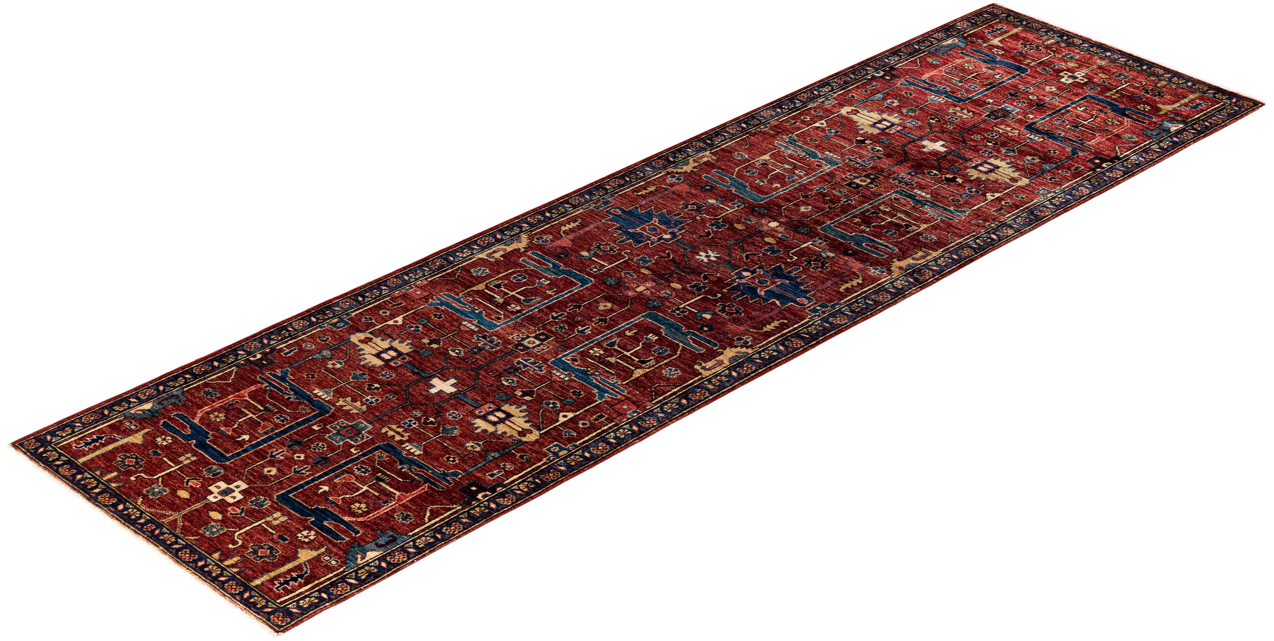Tapis traditionnel tribal Serapi rouge noué à la main 2' 9