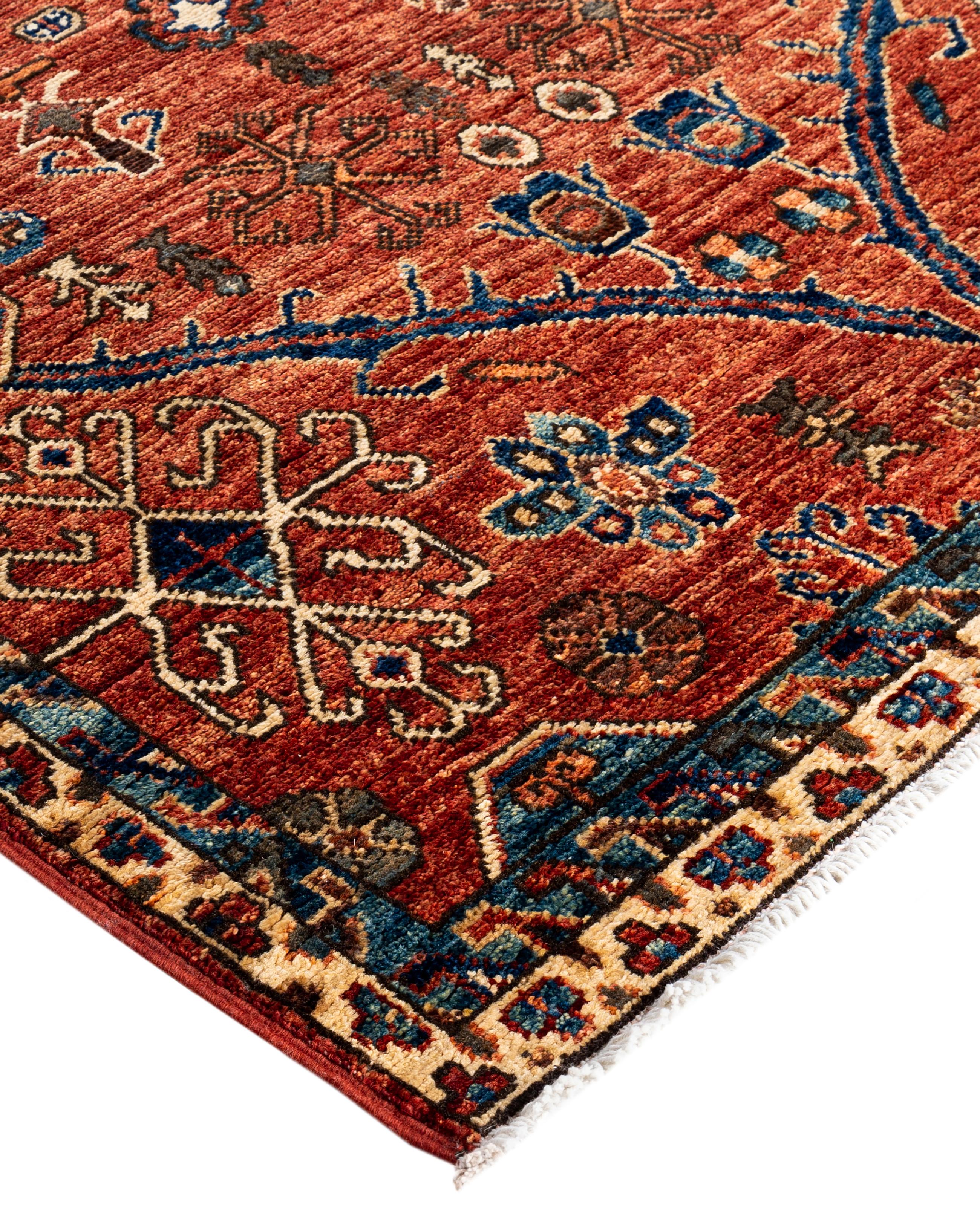Serapi rugs are known for their bold, geometric designs and rich colors, often featuring a central medallion surrounded by intricate patterns. They typically use a warm, earthy color palette with deep reds, blues, ivory, and occasional greens. The