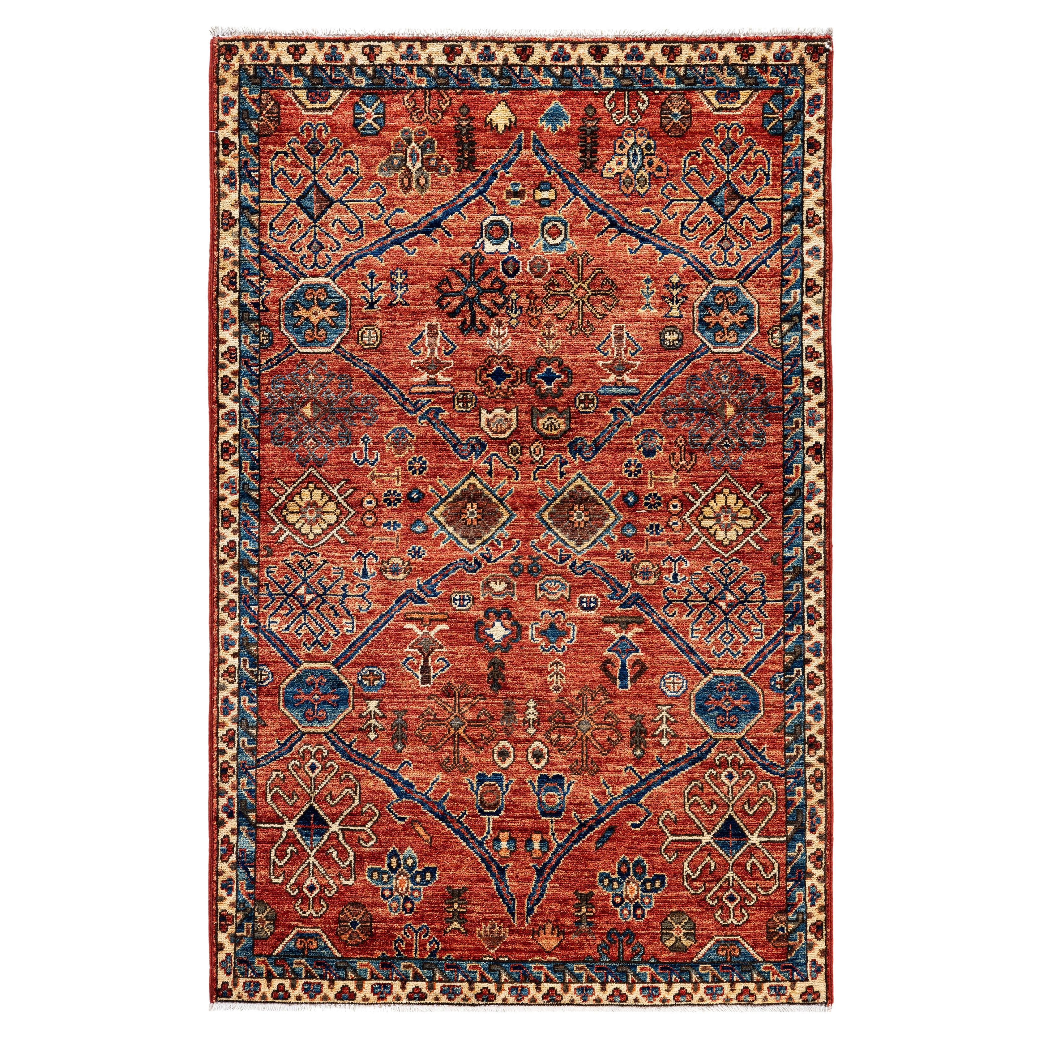 Traditional Tribal Serapi Wool Hand Knotted Red Area Rug 3' 1" x 4' 10" For Sale