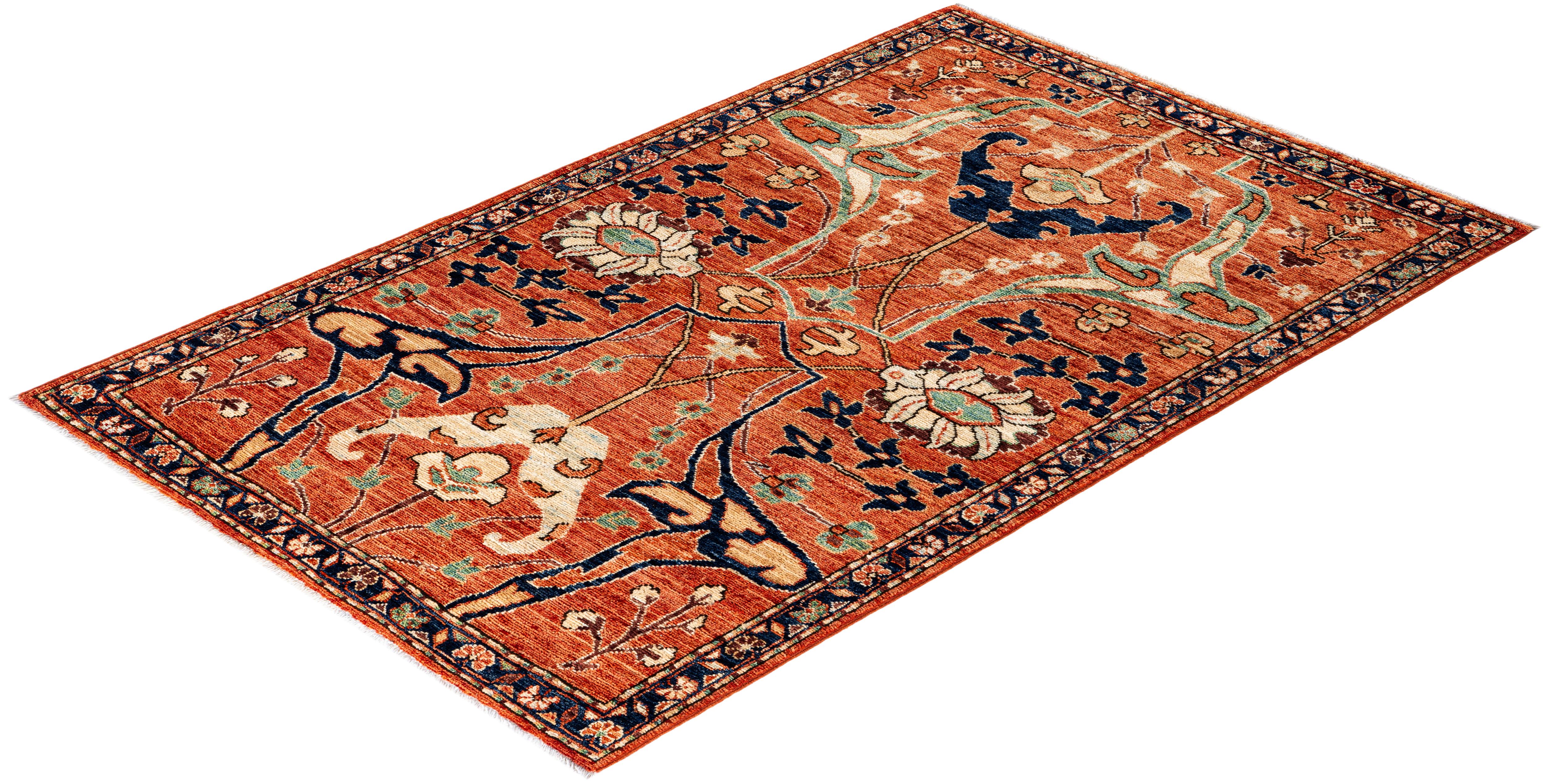 Traditioneller handgeknüpfter roter Serapi-Wollteppich mit Stammesmotiven aus Serapi 3' 1